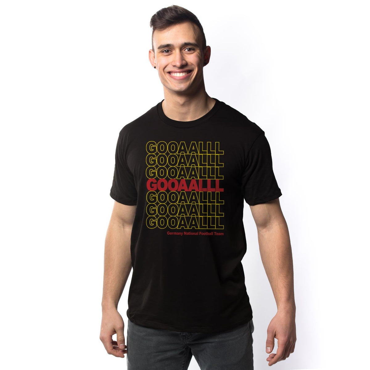 Men's Germany Soccer Gooaalll Graphic Tee | Cool World Cup Football T-Shirt on Model | SOLID THREADS
