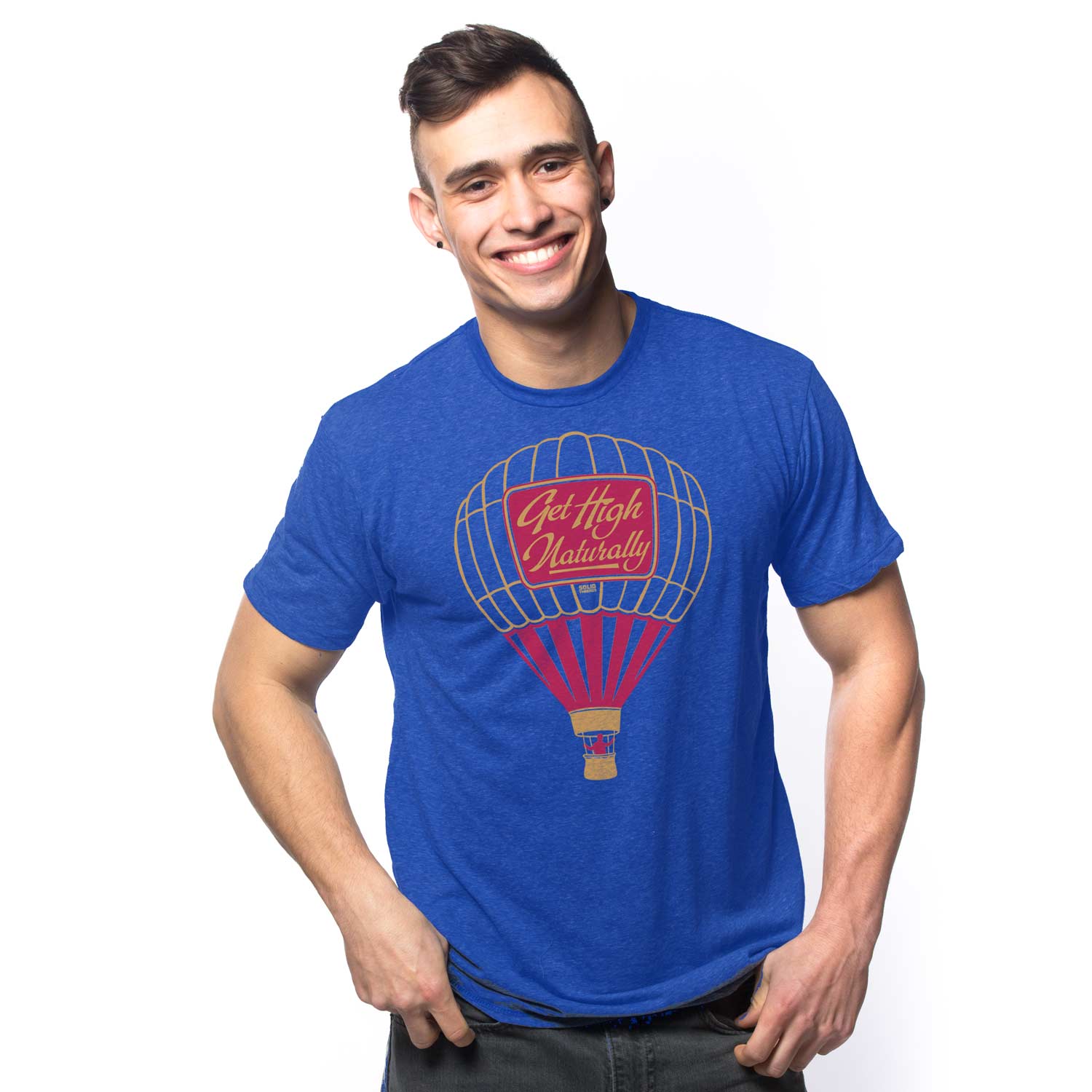 Men's High Naturally Retro Hot Air Balloon T-shirt | Cool 420 Graphic Tee on Model | Solid Threads