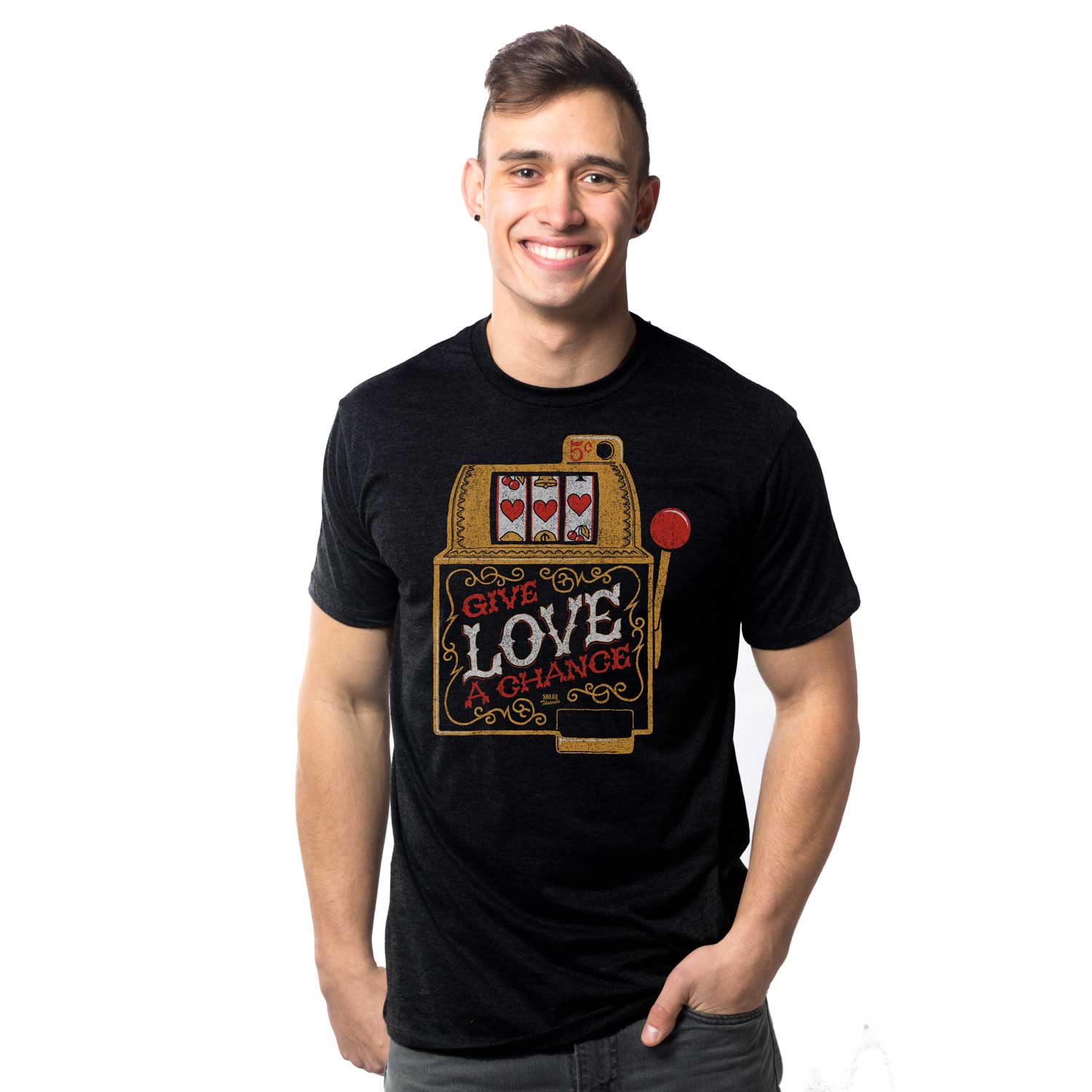 Men's Give Love A Chance Cool Graphic T-Shirt | Vintage Hopeless Romantic Tee | Solid Threads