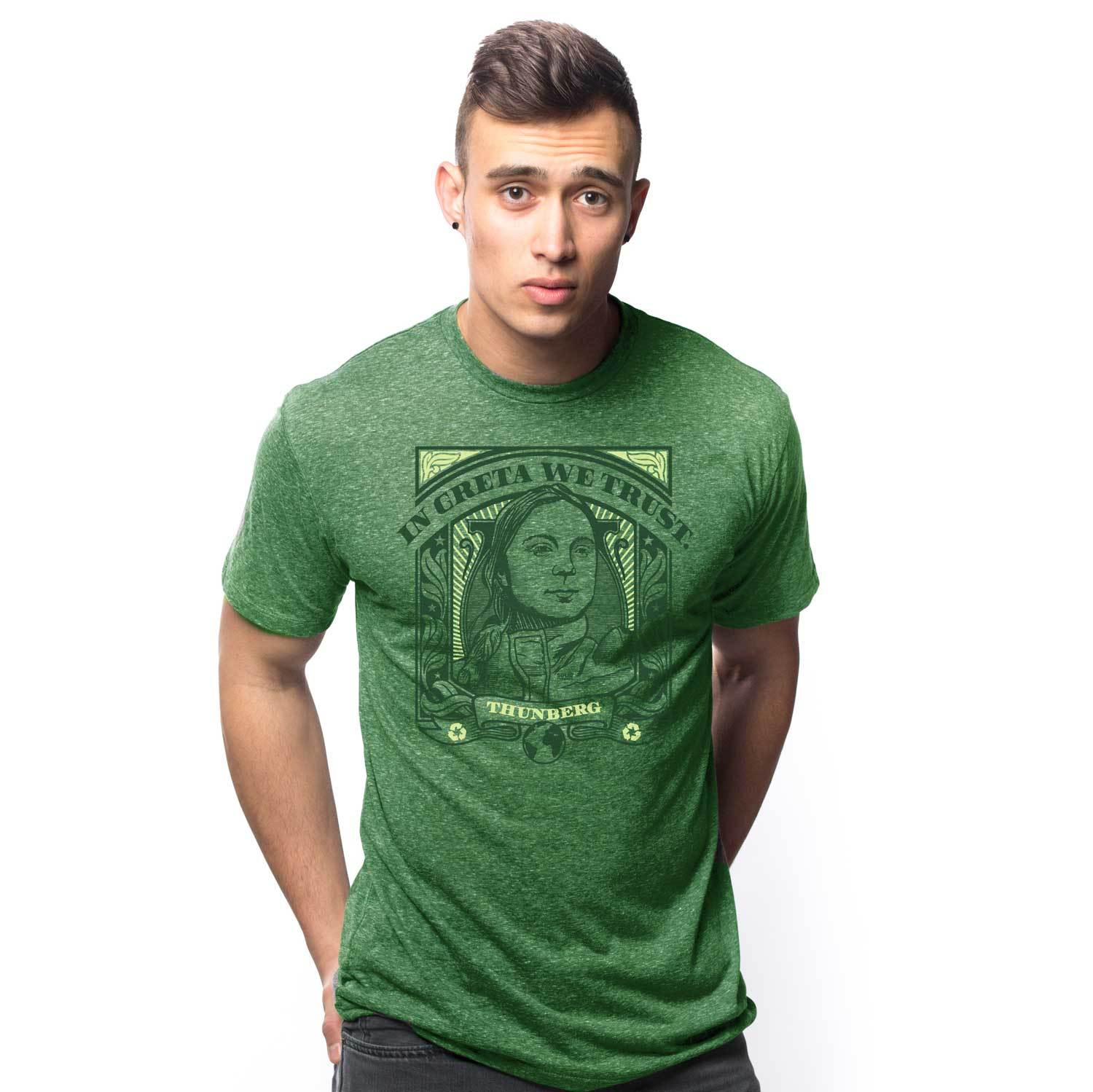 Men's In Greta We Trust Cool Graphic T-Shirt | Retro Fridays for Future Tee on Model | Solid Threads