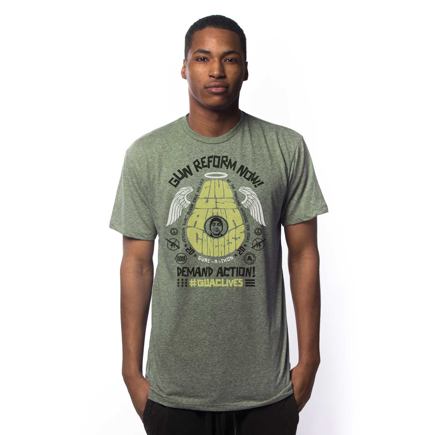 Men's Guac A Thon 2020 Anti Violence Graphic T-Shirt | Vintage Peace Tee on Model | Solid Threads