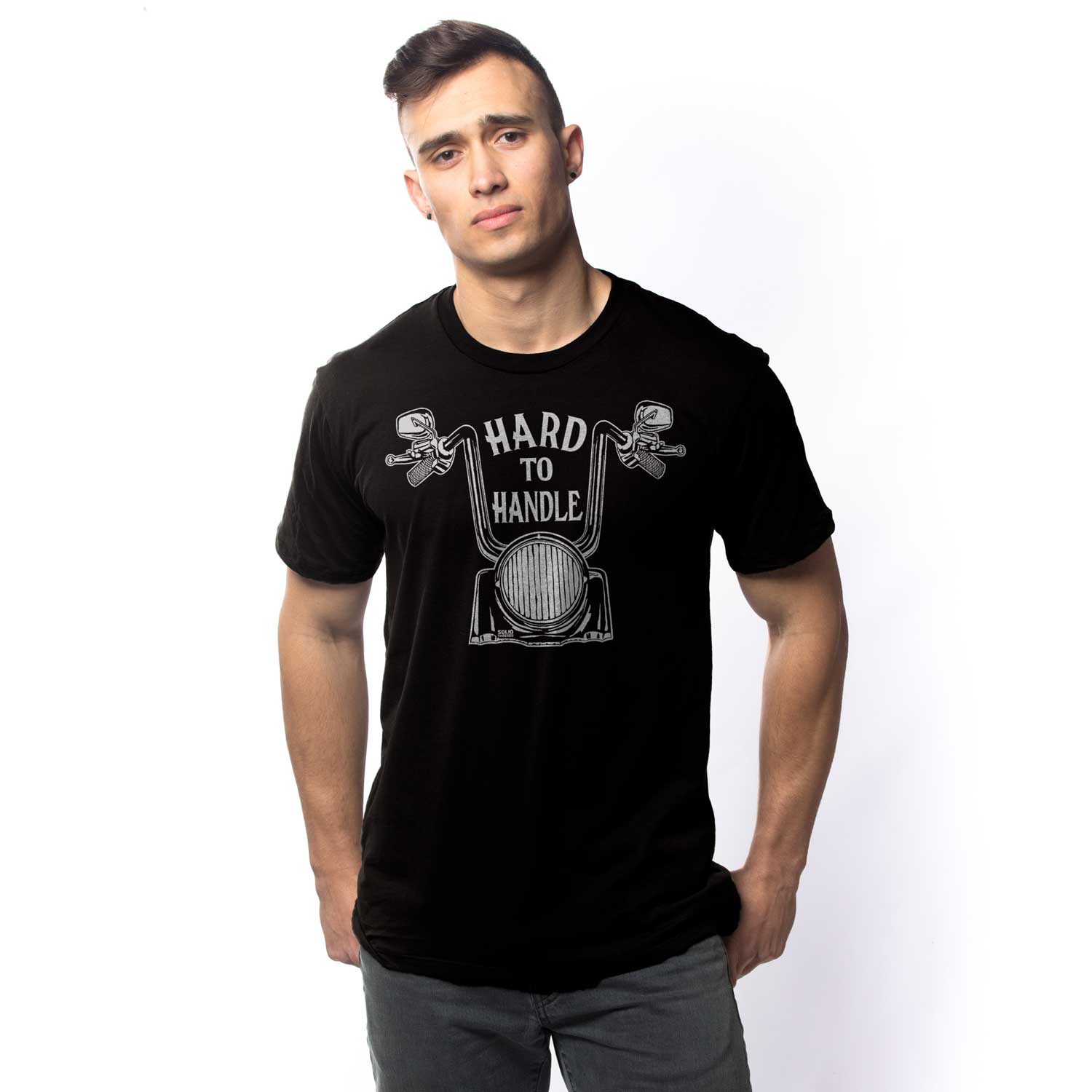 Men's Hard to Handle Retro True Black T-shirt | Cool Motorcycle Graphic Tee on Model | Solid Threads