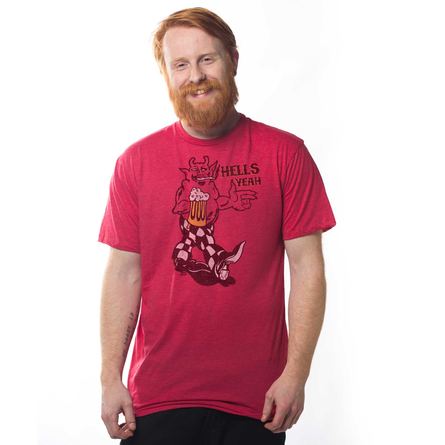 Men's Hells Yeah Vintage Devil Graphic T-Shirt | Funny Party Fiend Red Tee on Model | Solid Threads