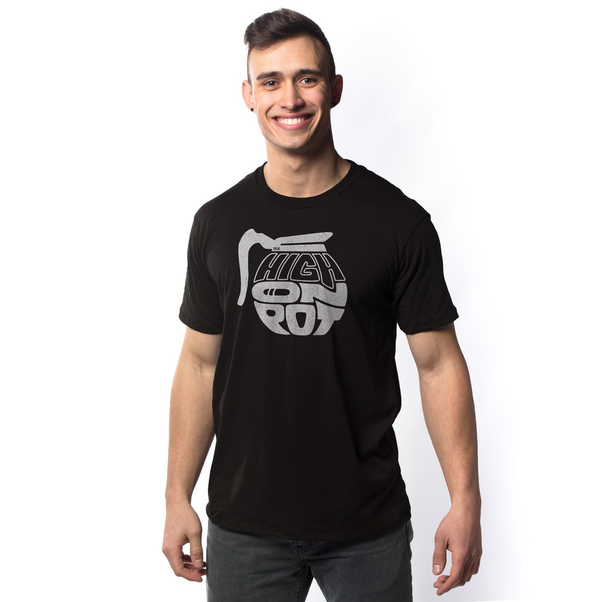 Men's High On Pot Vintage Sativa Graphic T-Shirt | Funny Coffee Tee on Model | Solid Threads