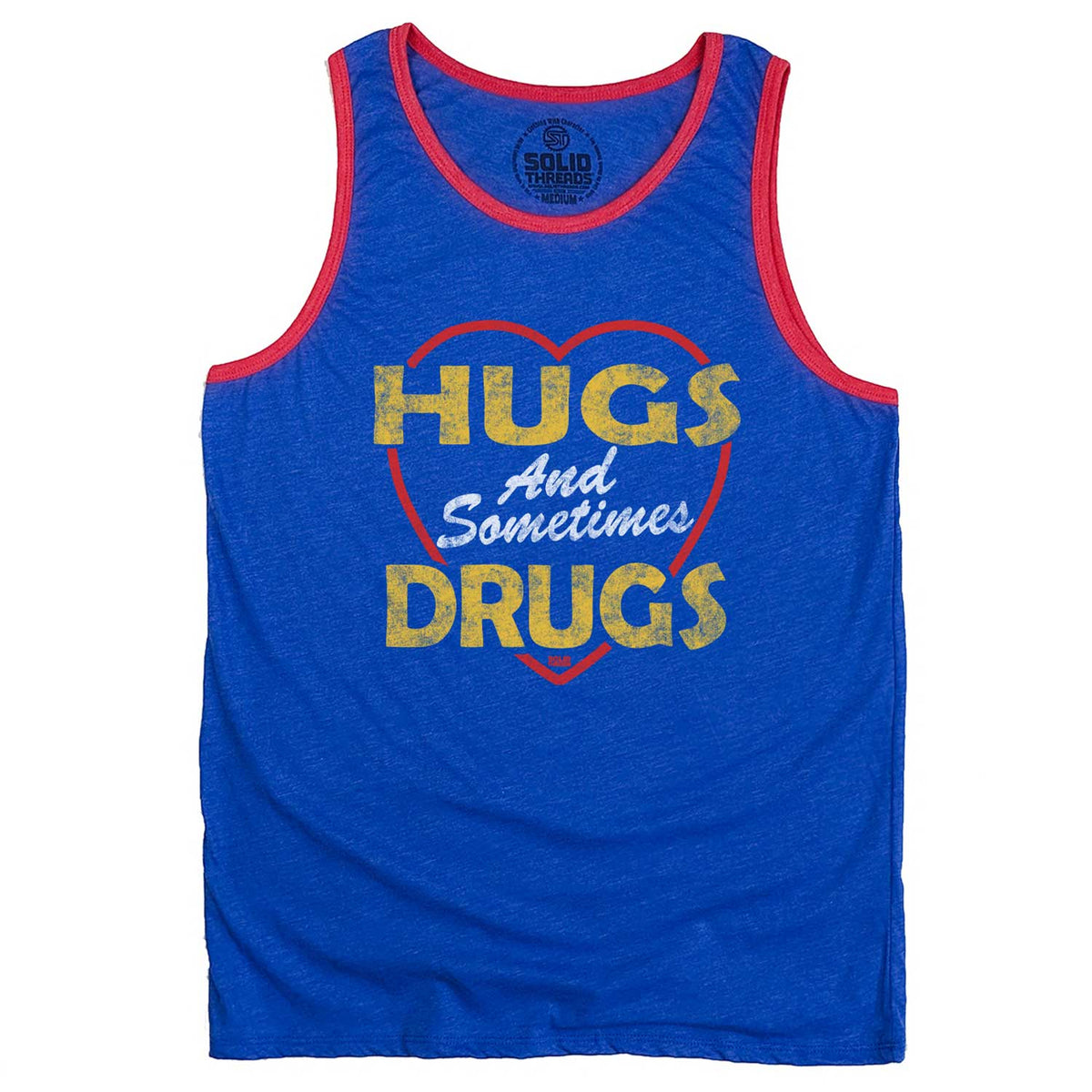 Men&#39;s Hugs and Sometimes Drugs Vintage Graphic Tank Top | Funny Marijuana T-shirt | Solid Threads
