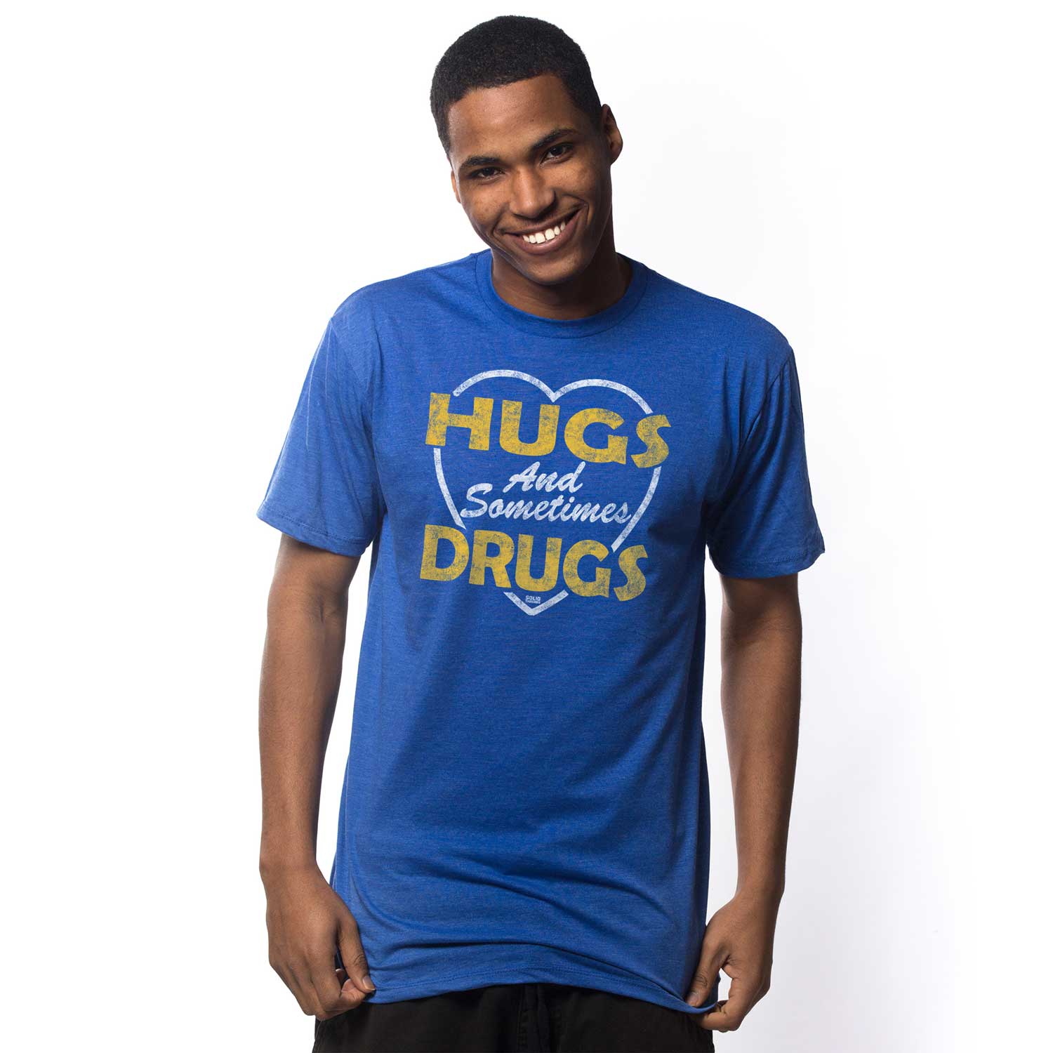 Men's Hugs and Sometimes Drugs Funny Graphic Tee | Cool Festival Shirt on Model | Solid Threads