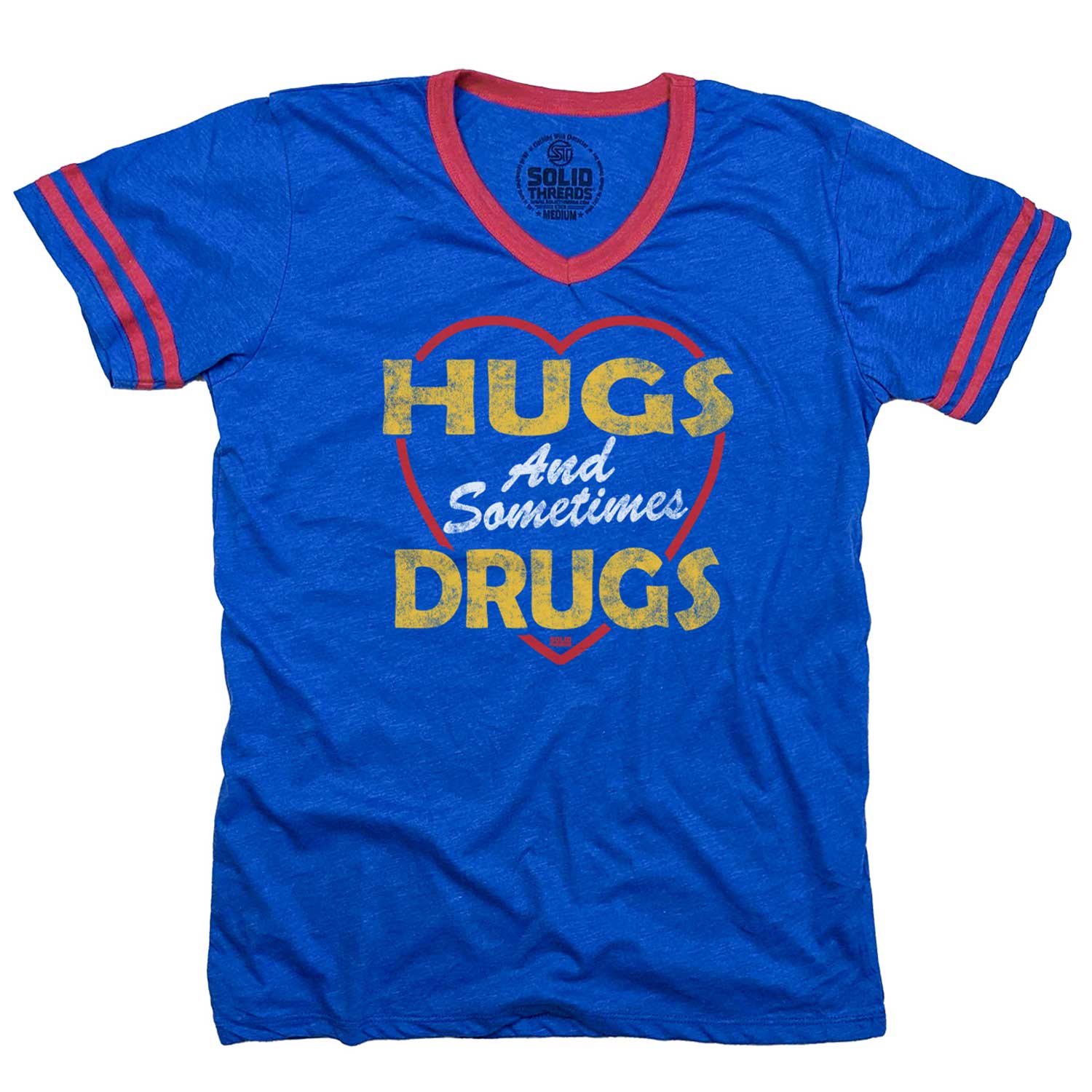 Men's Hugs and Sometimes Drugs Vintage Graphic V-Neck Tee | Funny Marijuana T-shirt | Solid Threads