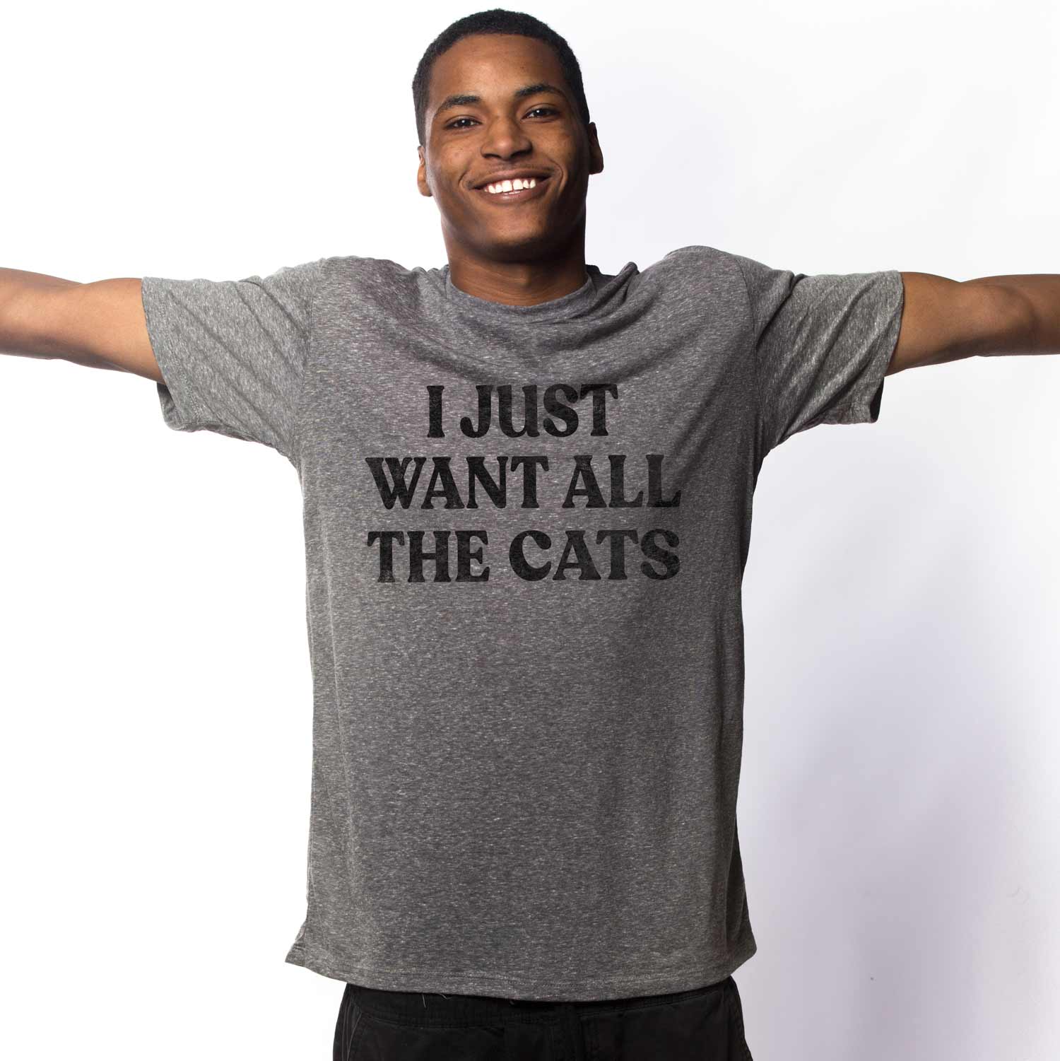 Men's Want All The Cats Vintage Graphic Tee | Funny Animal Triblend T-shirt on Model | Solid Threads