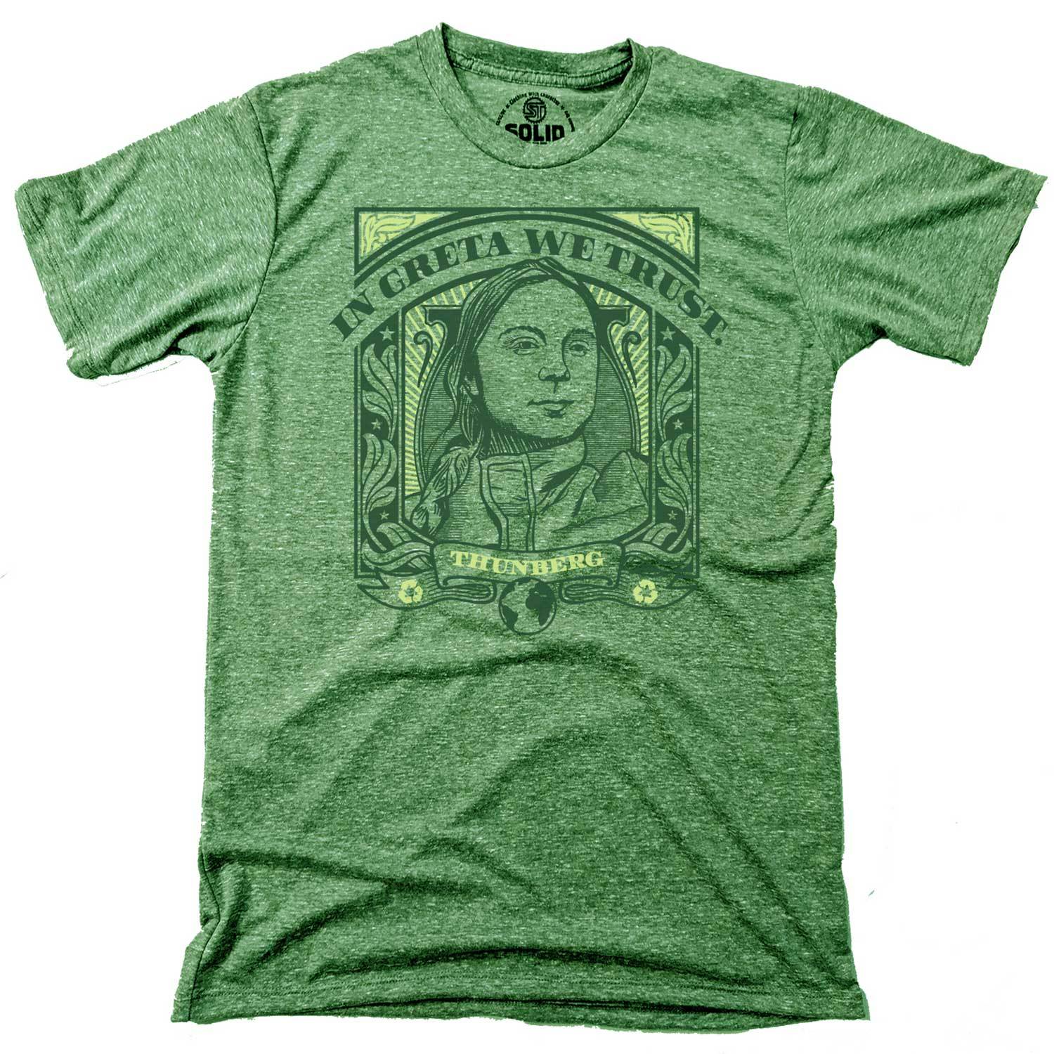 Men's In Greta Thunberg We Trust Cool T-Shirt | Retro Climate Activism Graphic Tee | Solid Threads