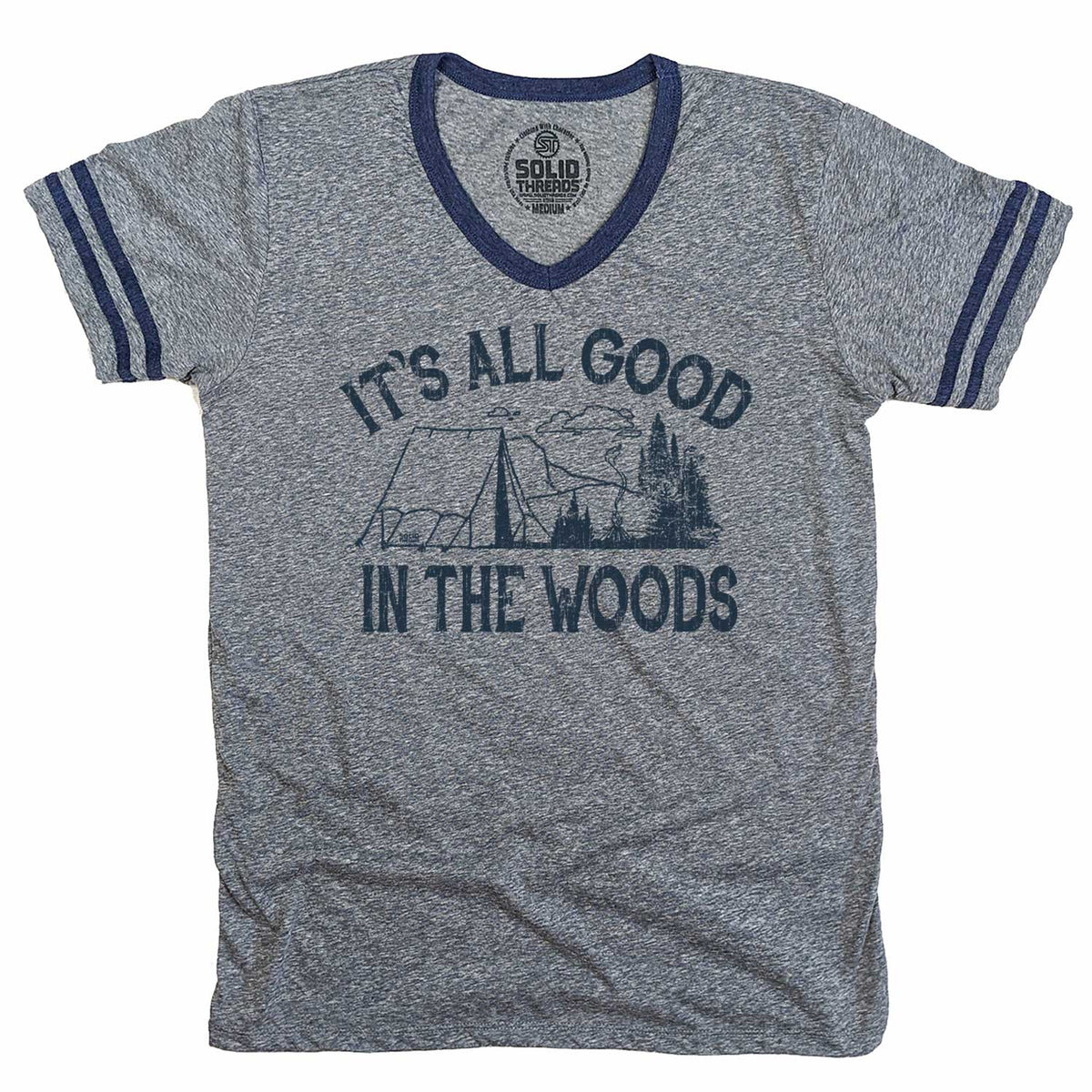 Men&#39;s It&#39;s All Good in the Woods Vintage Graphic V-Neck Tee | Cool Camping T-shirt | Solid Threads