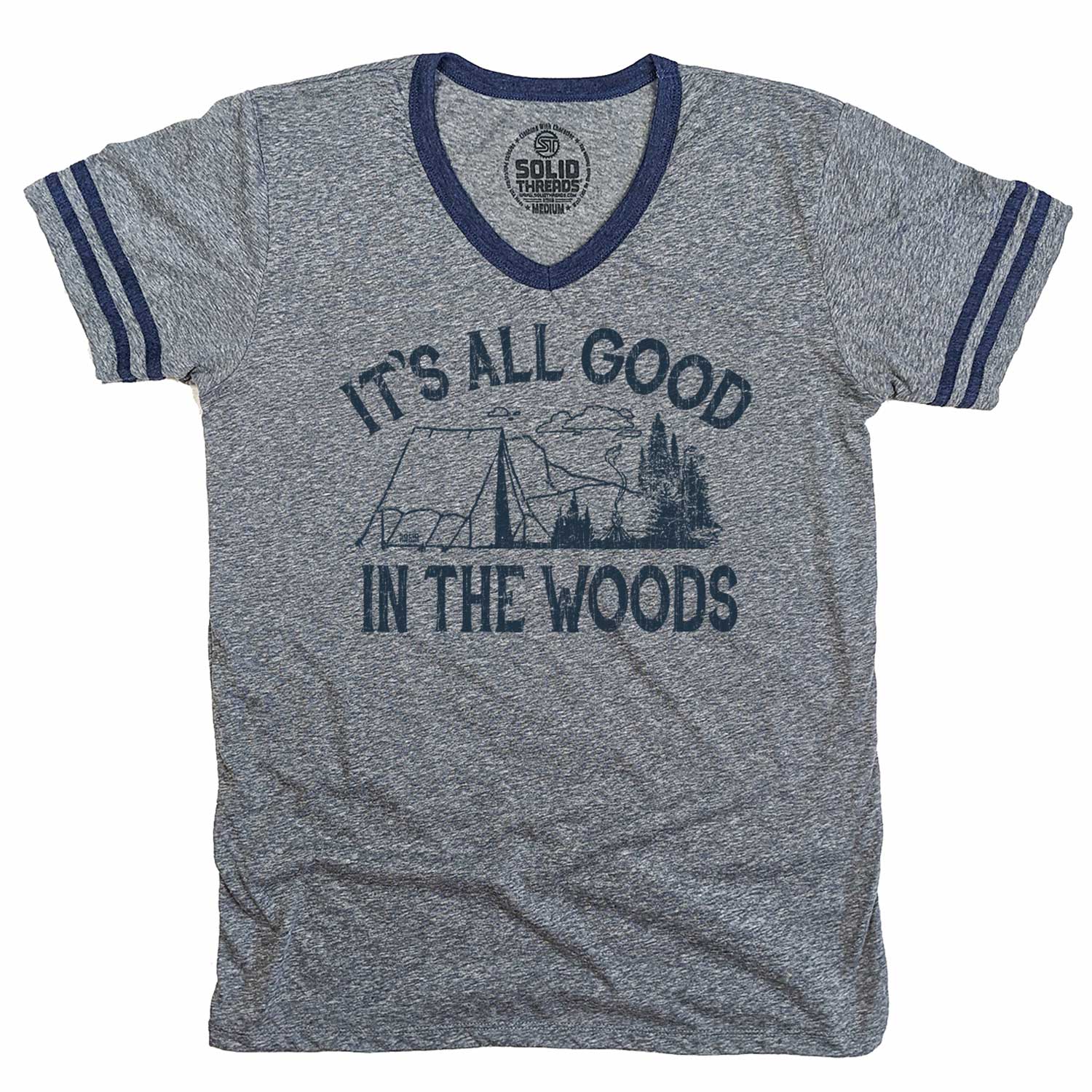 Men's It's All Good in the Woods Vintage Graphic V-Neck Tee | Cool Camping T-shirt | Solid Threads