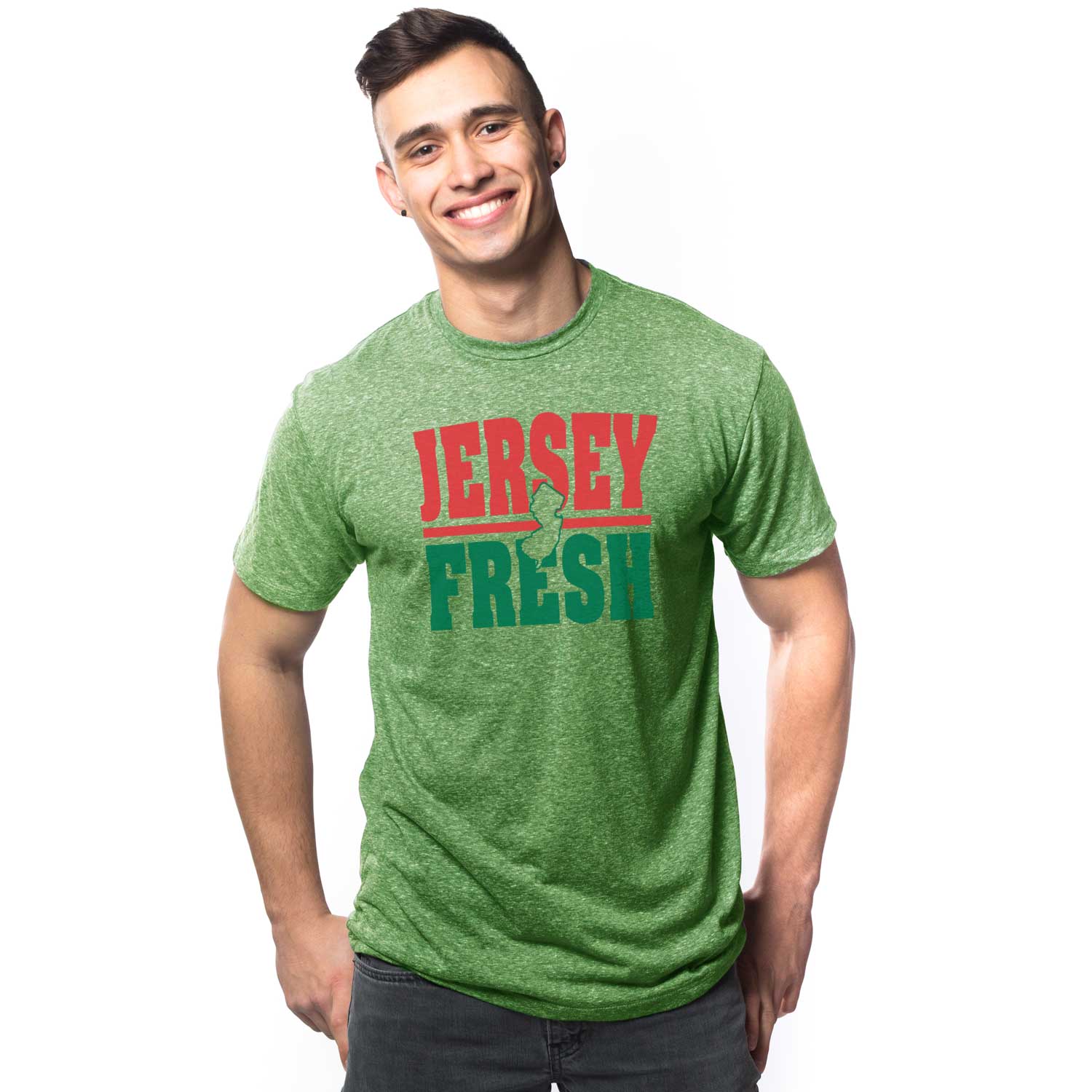 Men's Jersey Fresh Vintage Graphic Tee | Retro Garden State Pride T-Shirt on Model | Solid Threads
