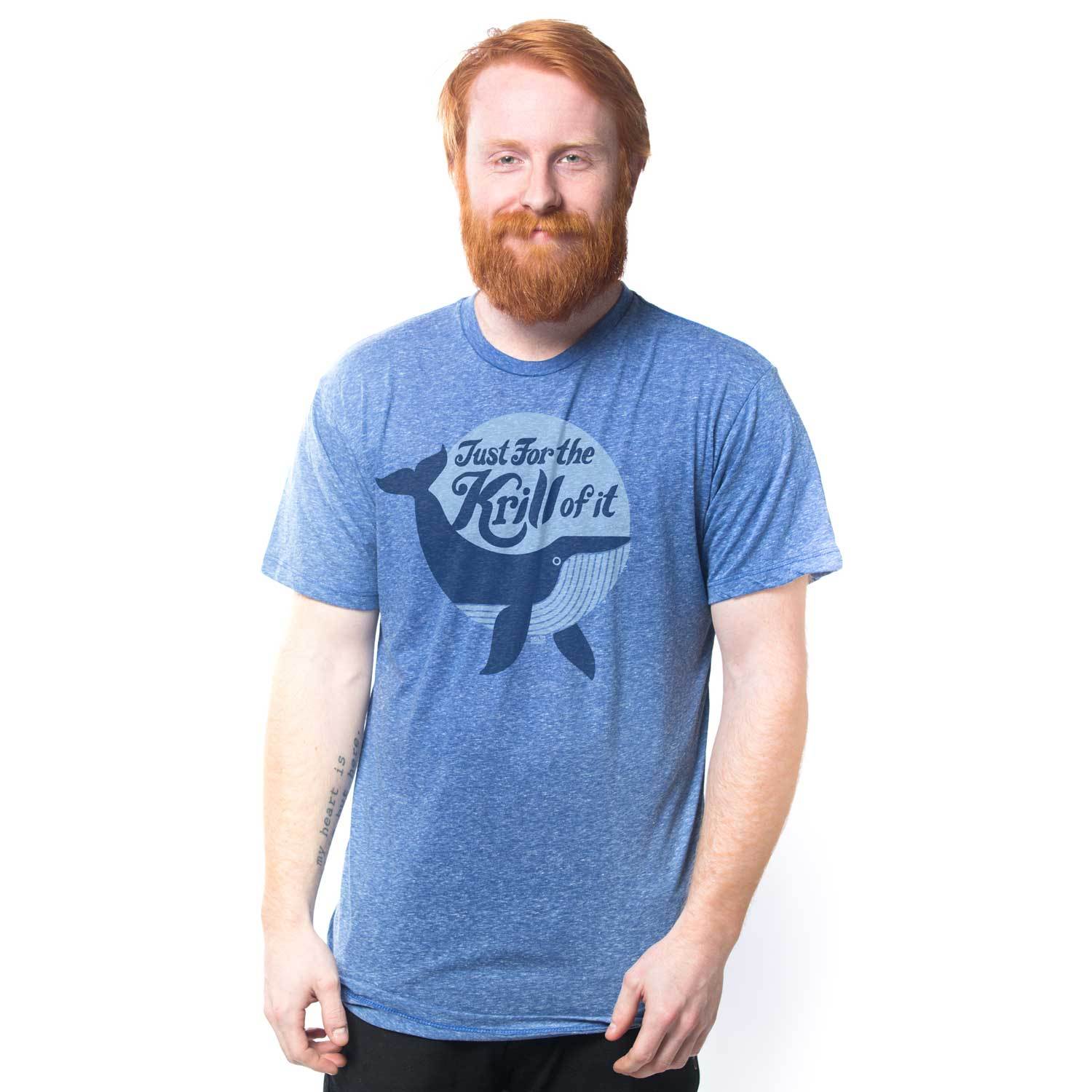 Men's Just For The Krill of It Vintage Inspired Triblend Royal Tee Shirt with Cool Funny Retro Whale Graphic