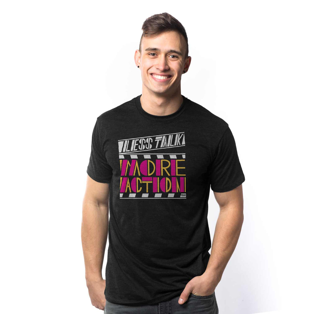 Men's Less Talk More Action Cool Graphic T-Shirt | Vintage Movie Buff Tee on Model | Solid Threads