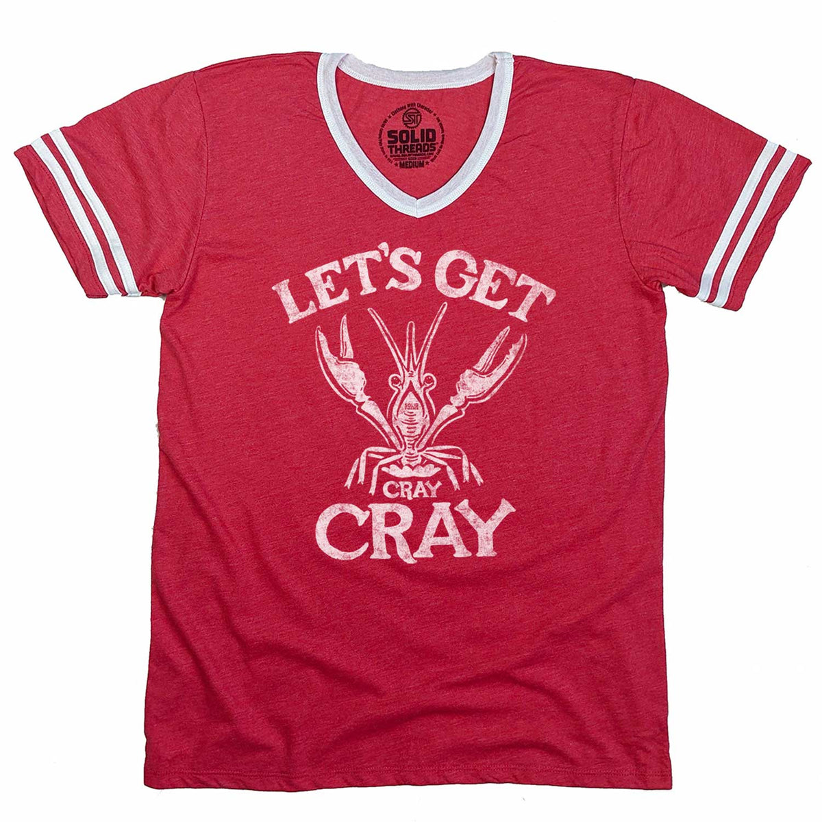 Men&#39;s Let&#39;s Get Cray Cray Vintage Graphic V-Neck Tee | Funny Crawfish T-shirt | Solid Threads