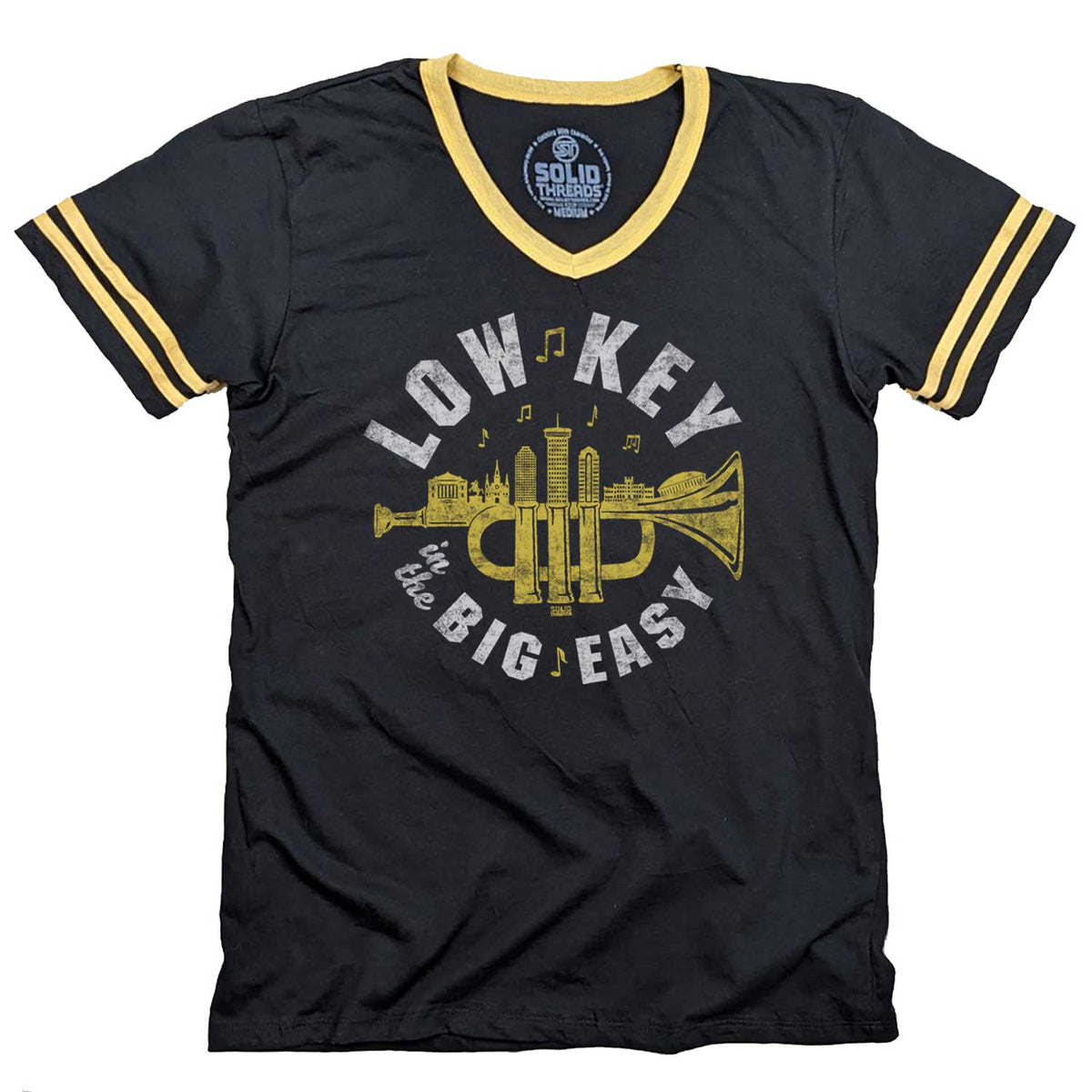 Men&#39;s Low Key Big Easy Vintage Graphic V-Neck Tee | Retro Music New Orleans T-Shirt | SOLID THREADS