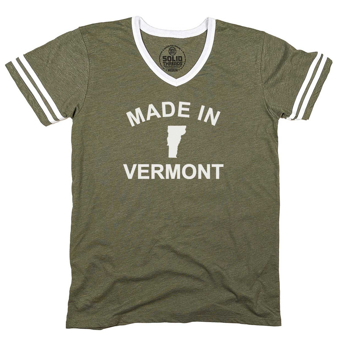 Men&#39;s Made in Vermont Vintage Graphic V-Neck Tee | Retro Green Mountains T-Shirt | Solid Threads