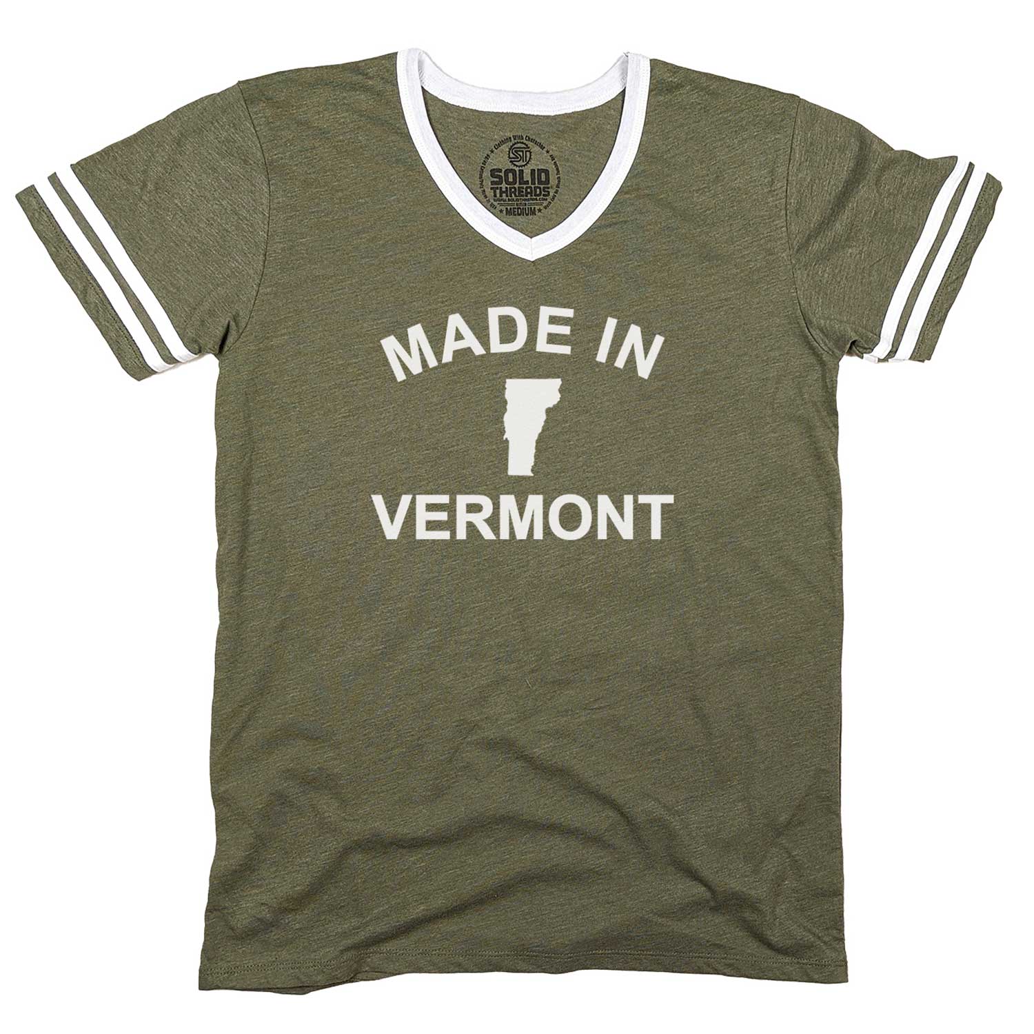 Men's Made in Vermont Vintage Graphic V-Neck Tee | Retro Green Mountains T-Shirt | Solid Threads