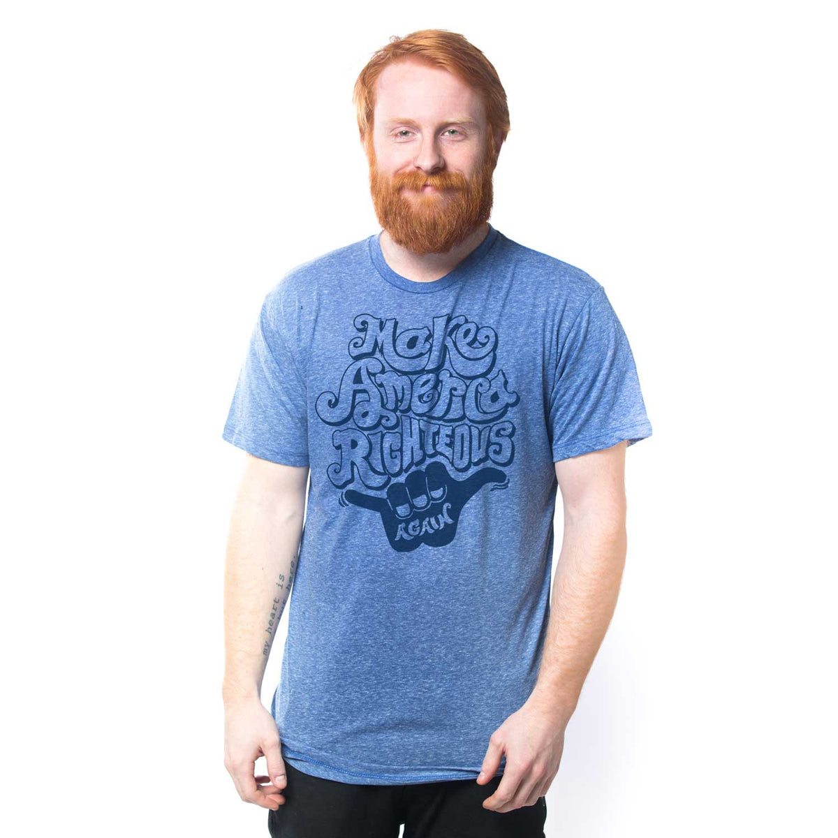 Men's Make America Righteous Again Graphic T-Shirt | Funny Anti MAGA Tee on Model | Solid Threads