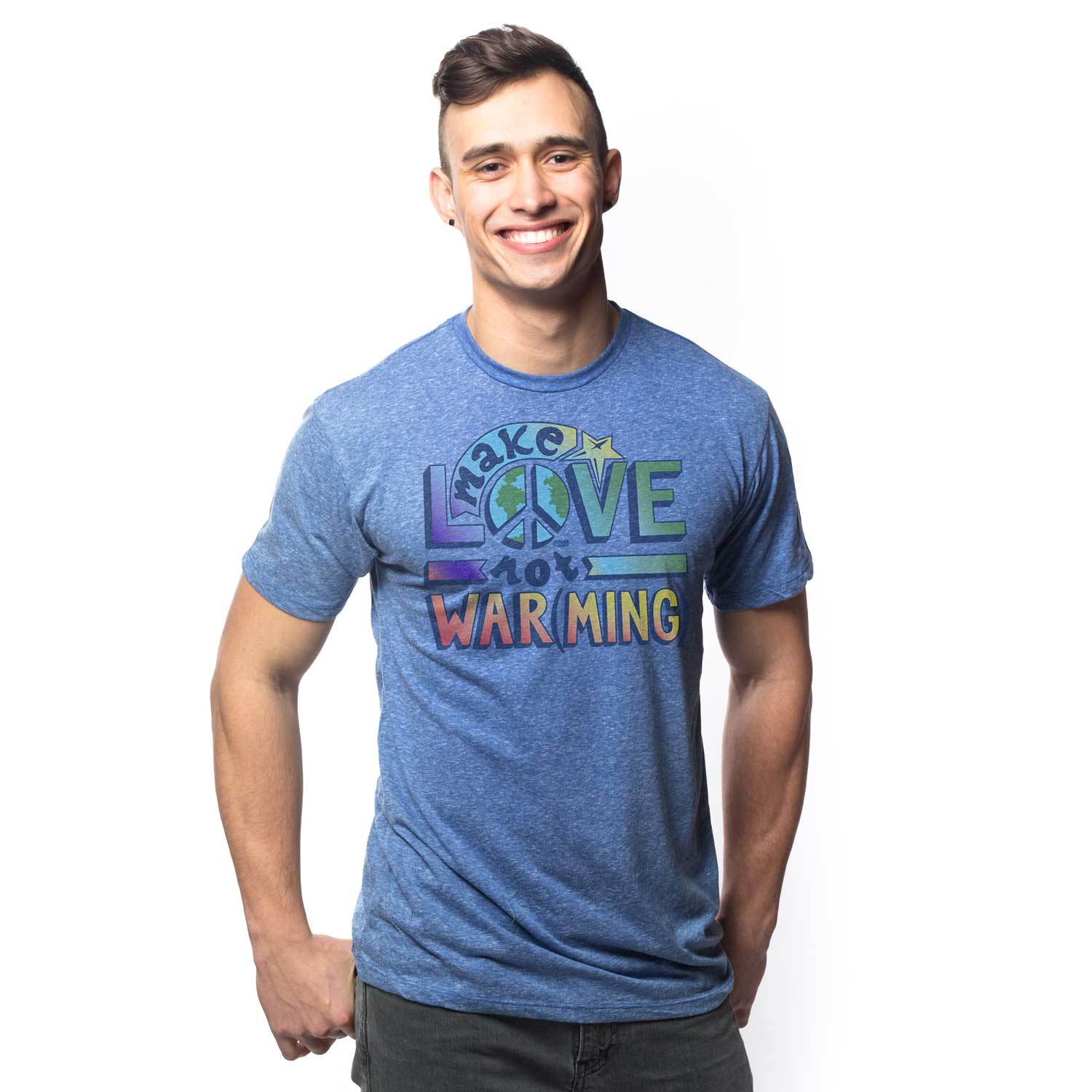 Men's Make Love Not Warming Cool Graphic T-Shirt | Vintage Hippie Tee on Model | Solid Threads