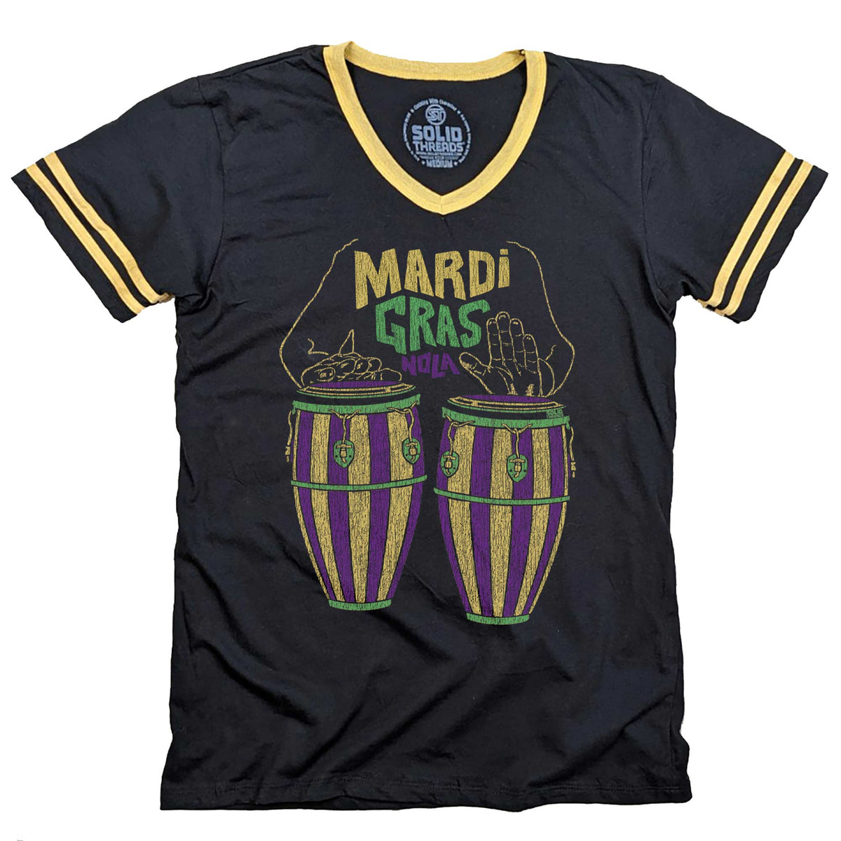 Men&#39;s Mardi Gras Drums Vintage Graphic V-Neck Tee | Retro New Orleans Party T-Shirt | SOLID THREADS