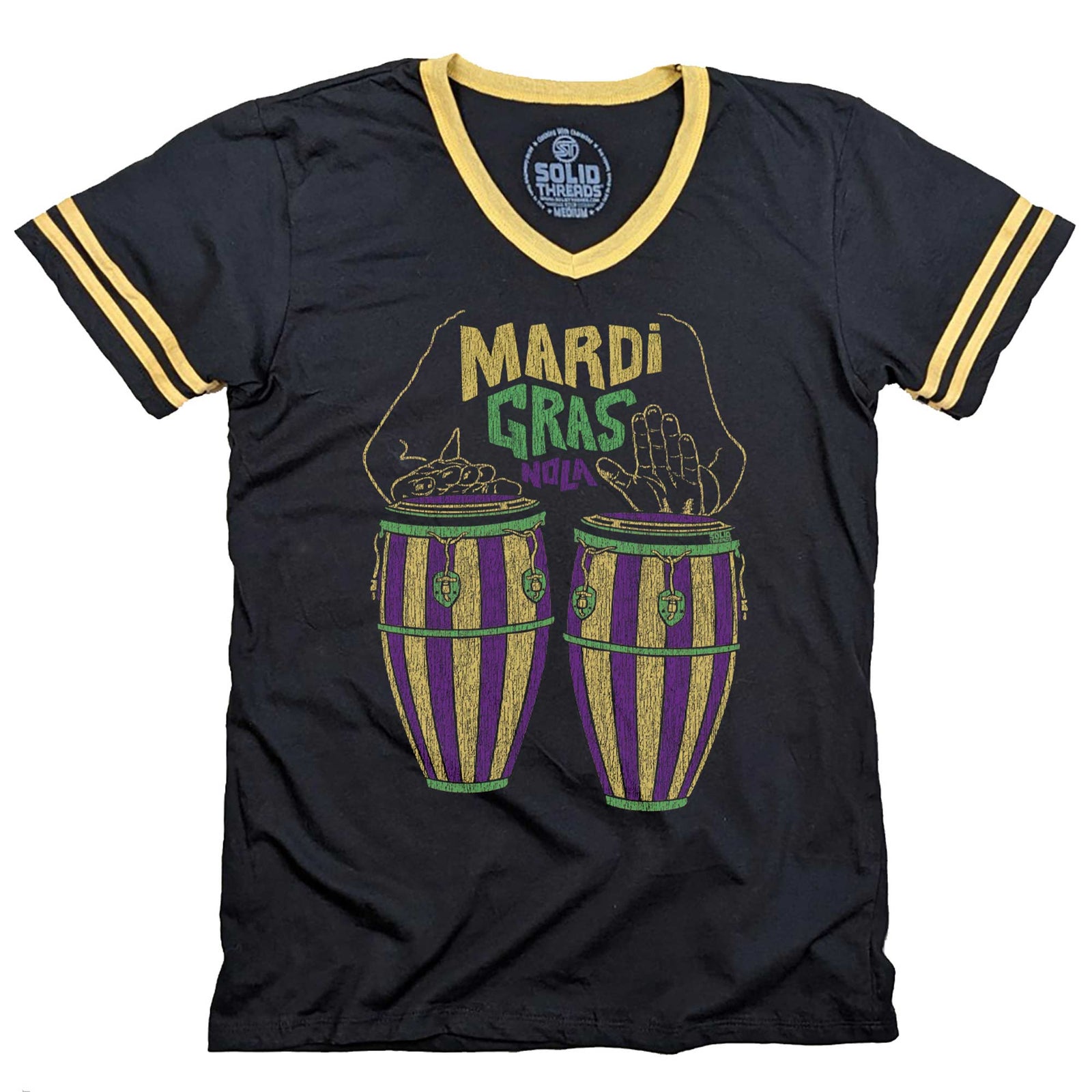Men's Mardi Gras Drums Vintage Graphic V-Neck Tee | Retro New Orleans Party T-Shirt | SOLID THREADS