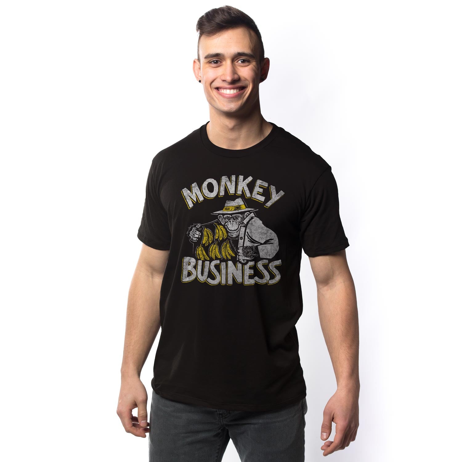 Men's Monkey Business Vintage Graphic T-Shirt | Funny Animal Pun Tee on Model | Solid Threads