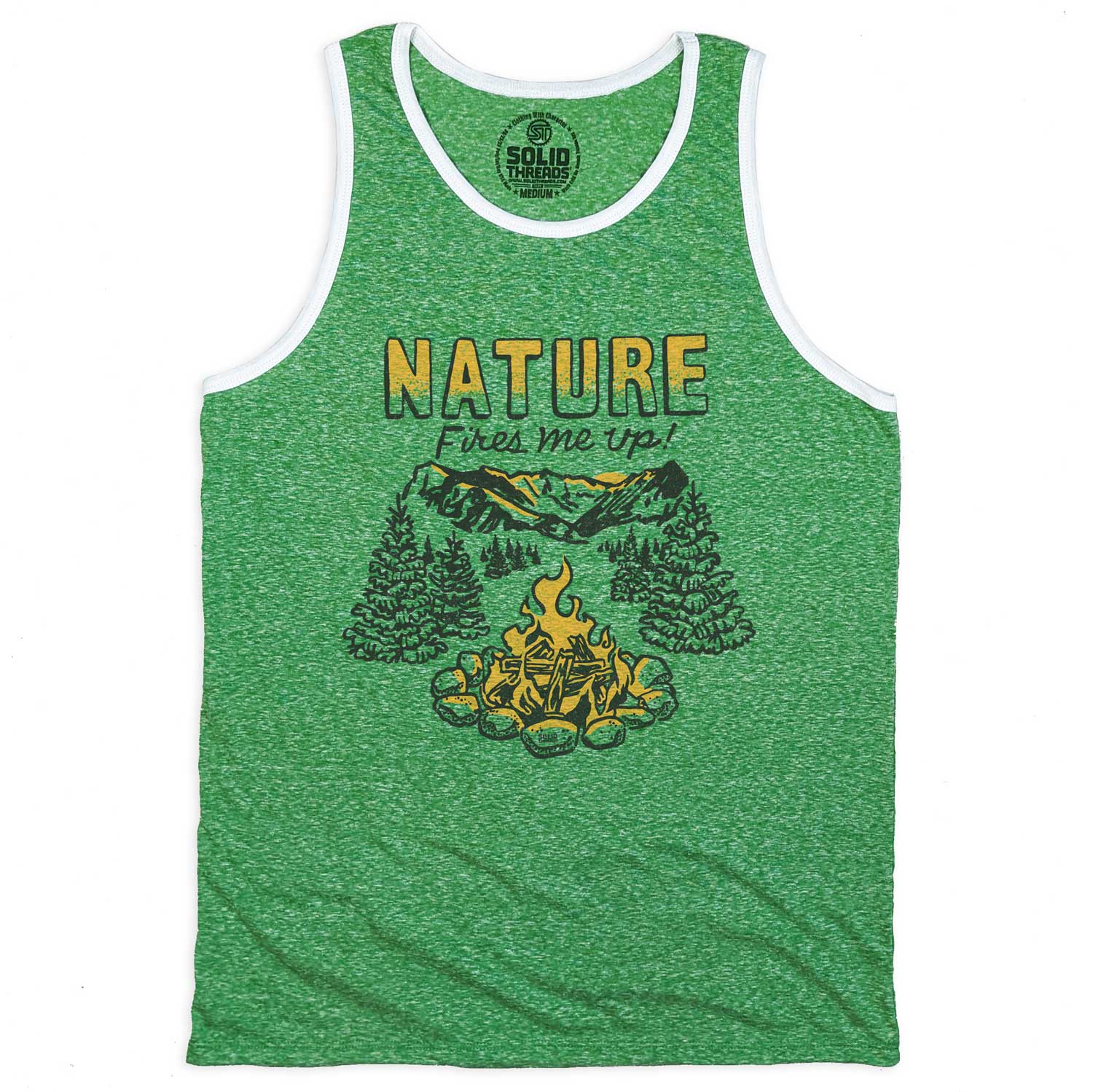 Men's Nature Fires Me Up Vintage Graphic Tank Top | Retro Camping T-shirt | Solid Threads