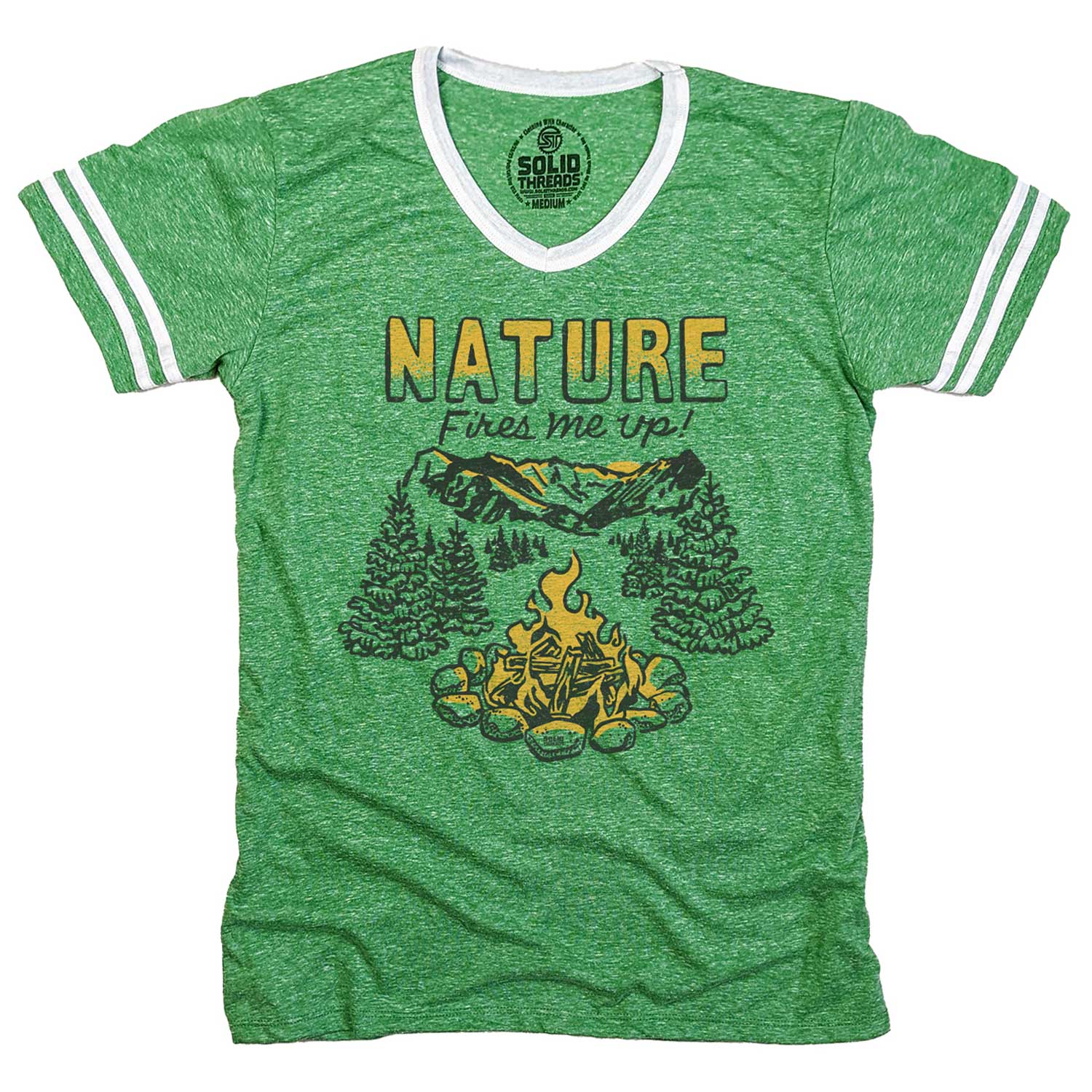 Men's Nature Fires Me Up Vintage Graphic V-Neck Tee | Retro Camping T-shirt | Solid Threads