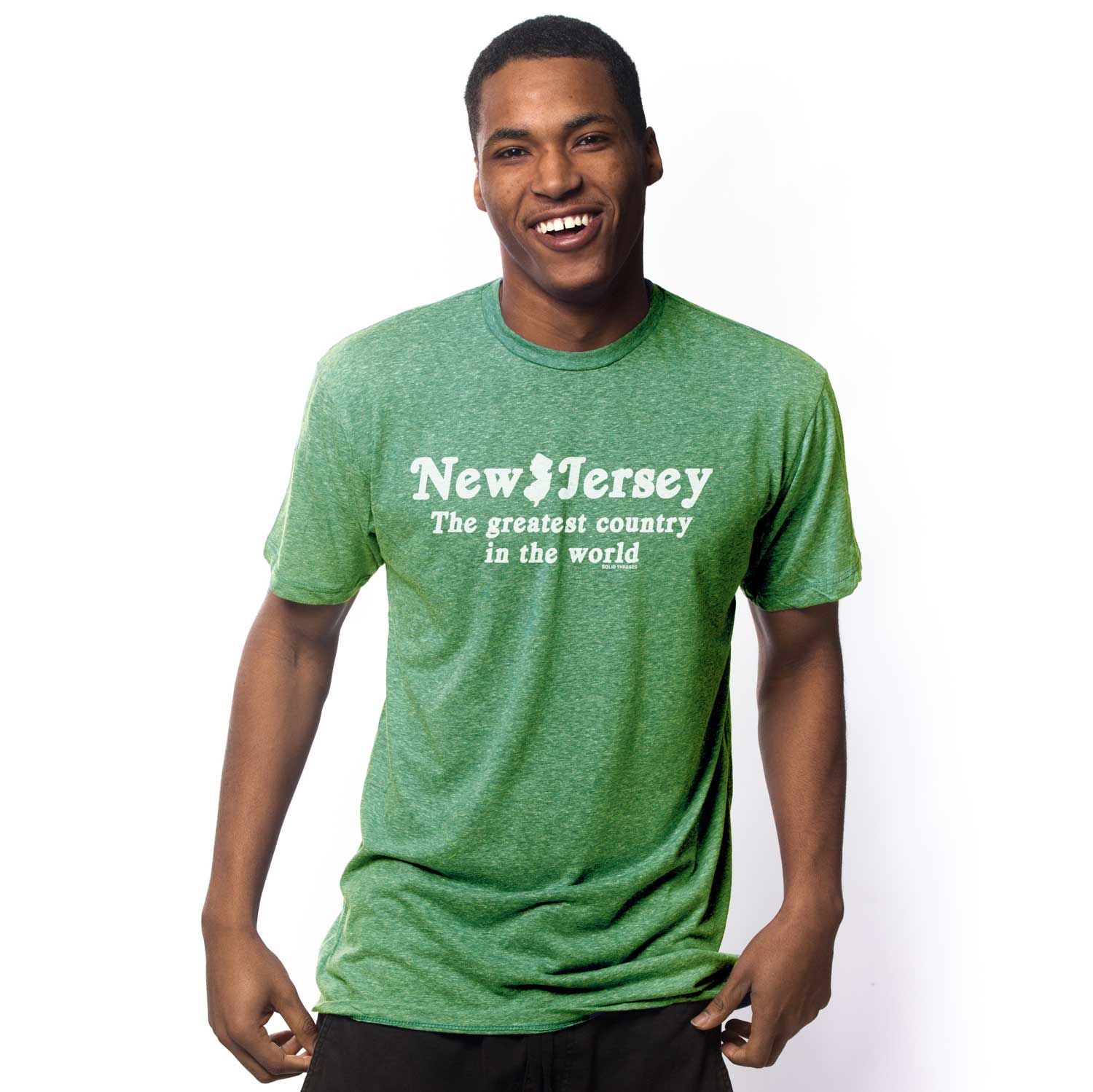 Men's Jersey Greatest Country Graphic Tee | Funny NJ Triblend T-shirt on Model | Solid Threads