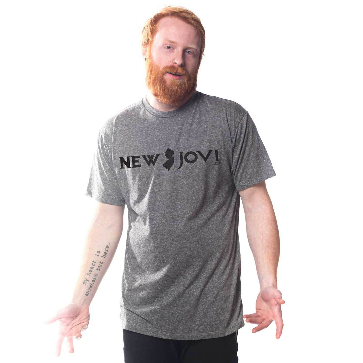 Men's New Jovi Funny Graphic T-Shirt | Vintage Jersey Musician Tee on Model | Solid Threads