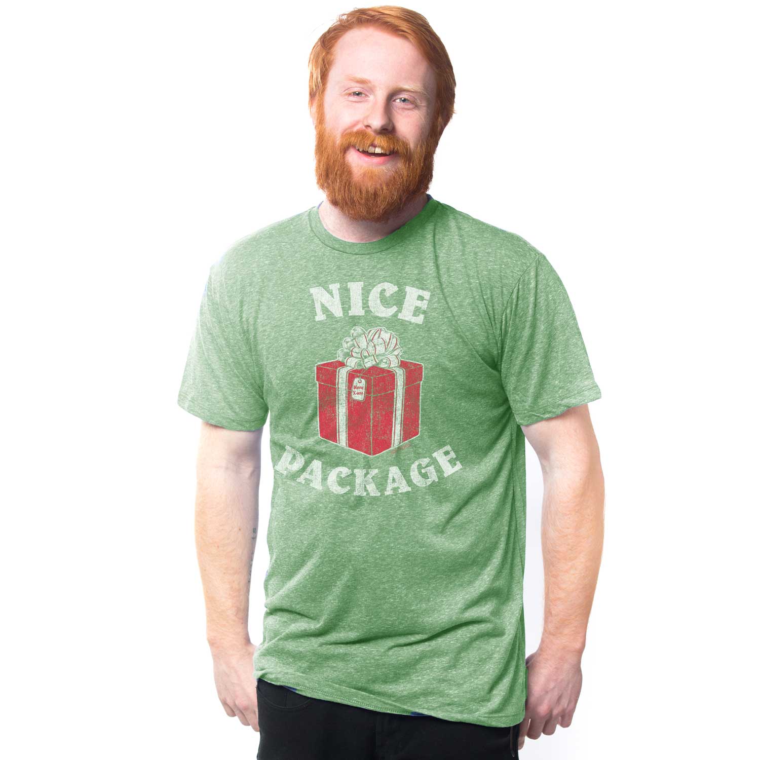 Men's Nice Package Vintage T-shirt | Funny Christmas Gift Graphic Tee On Model | Solid Threads