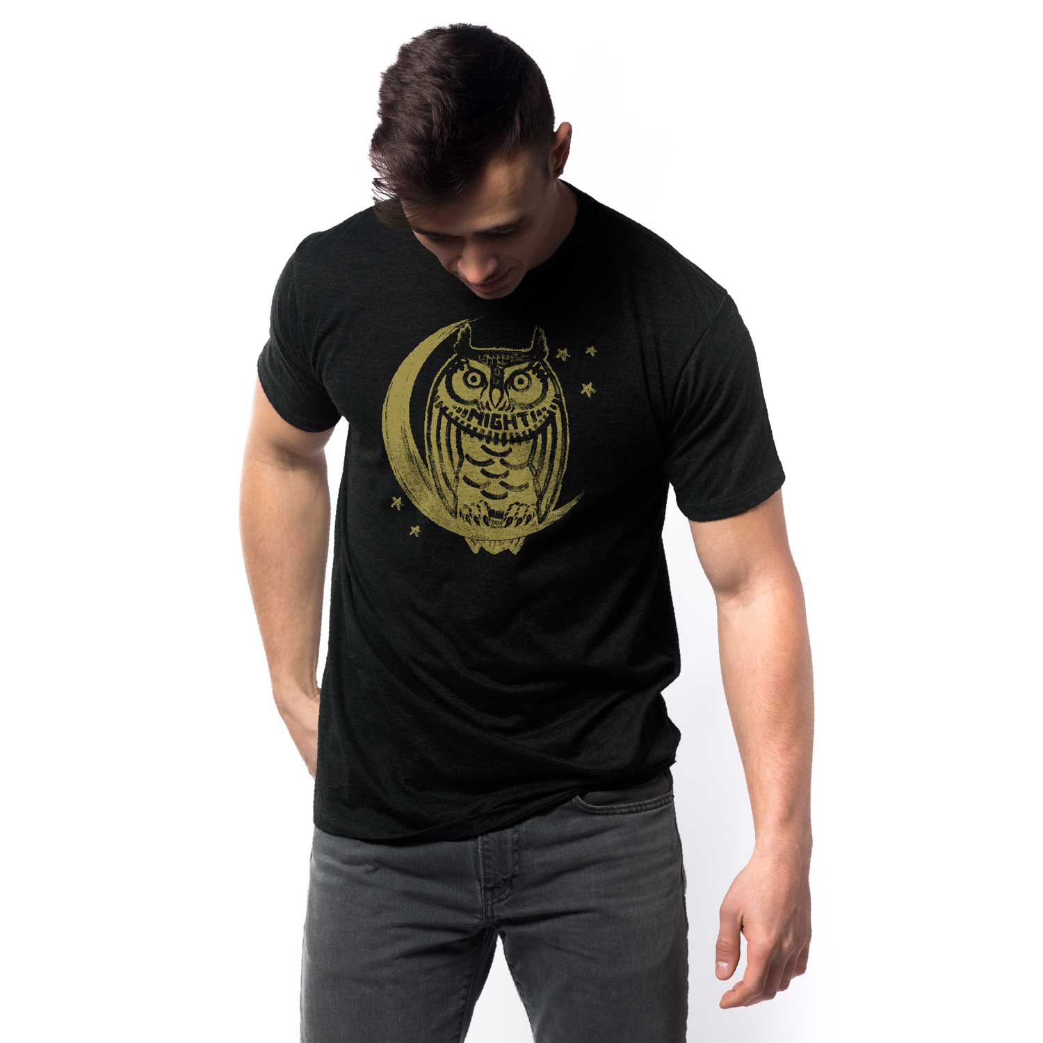 Men's Night Owl Cool Bird Watching Graphic Tee | Vintage Insomnia T-Shirt on Model | Solid Threads