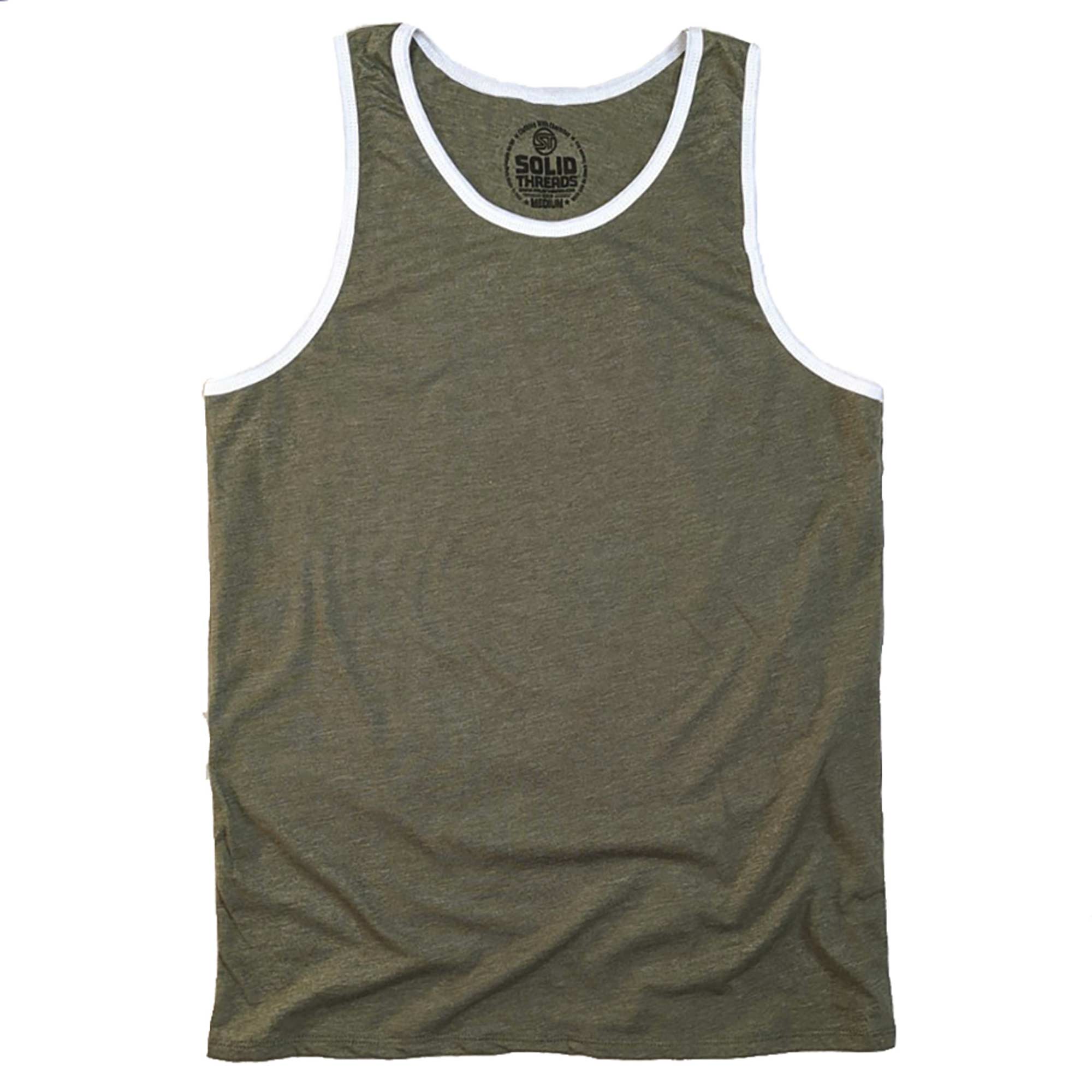 Men's Solid Threads Retro Ringer Tank Top Triblend Olive/White | Vintage Inspired USA Made Tank Top