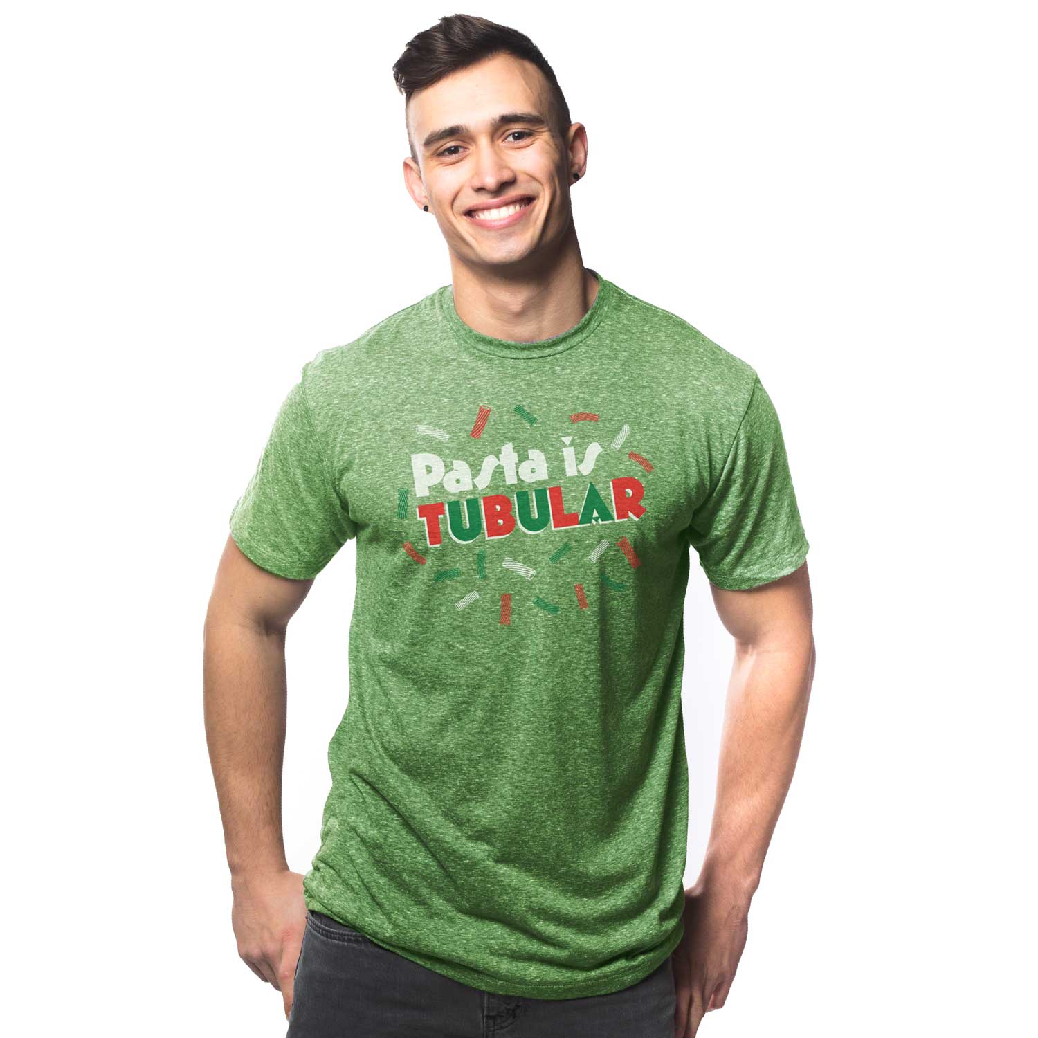 Men's Pasta Is Tubular Vintage Graphic T-Shirt | Funny Foodie Tee on Model | Solid Threads