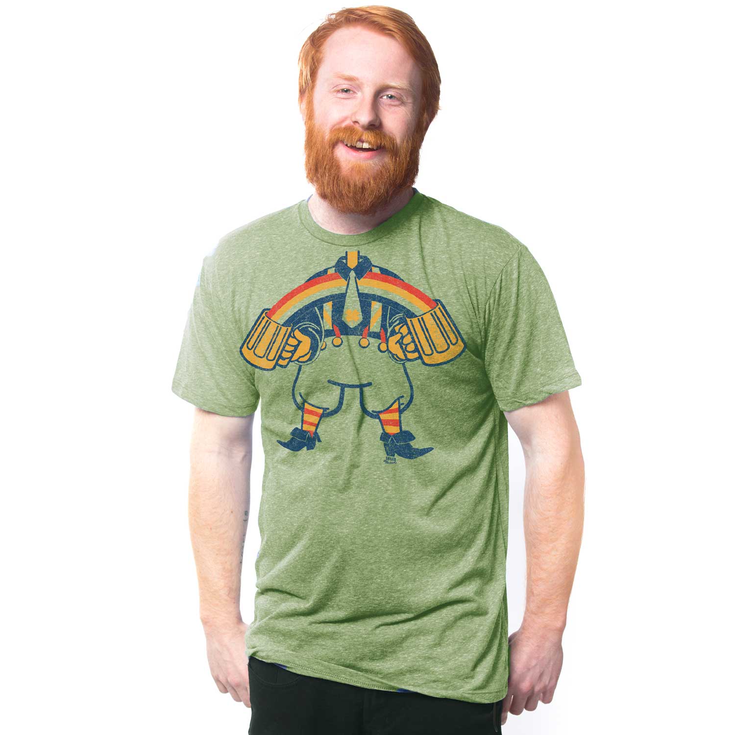 Men's Rainbow Leprechaun Cool Graphic T-Shirt | Vintage St Paddys Day Tee on Model | Solid Threads