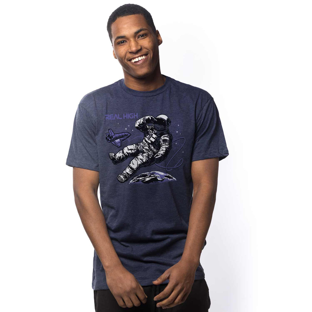 Men’s Real High Vintage Graphic Tee | Funny Retro Marijuana T-shirt for Men on Model | Solid Threads