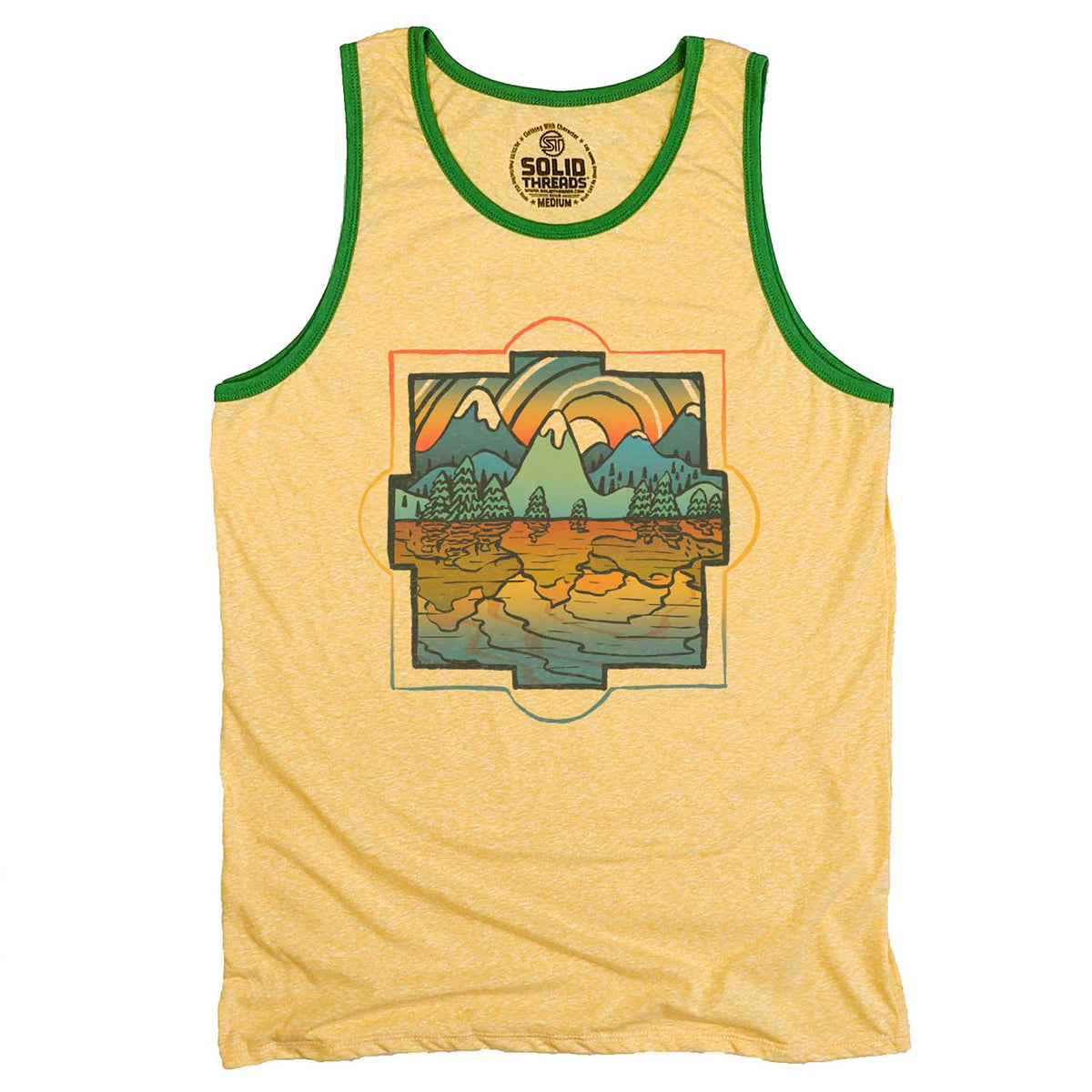 Men&#39;s Reflections Vintage Graphic Tank Top | Cool Nature Landscape Sleeveless Shirt | Solid Threads