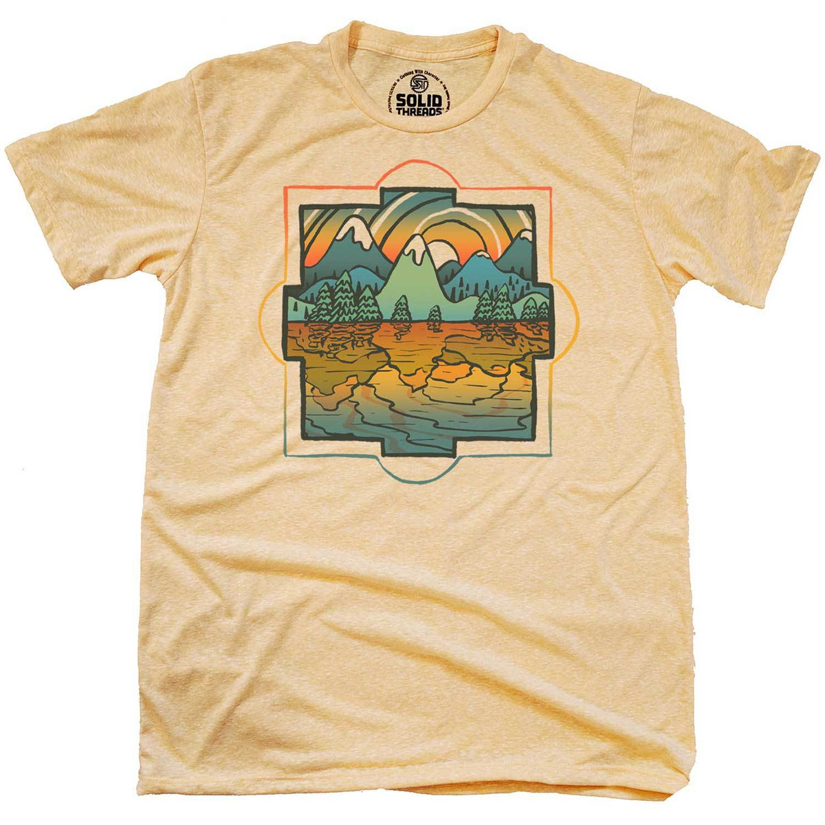 Men&#39;s Reflections Retro Colorful Lake Graphic Tee | Vintage Artsy Mountains T-Shirt | Solid Threads