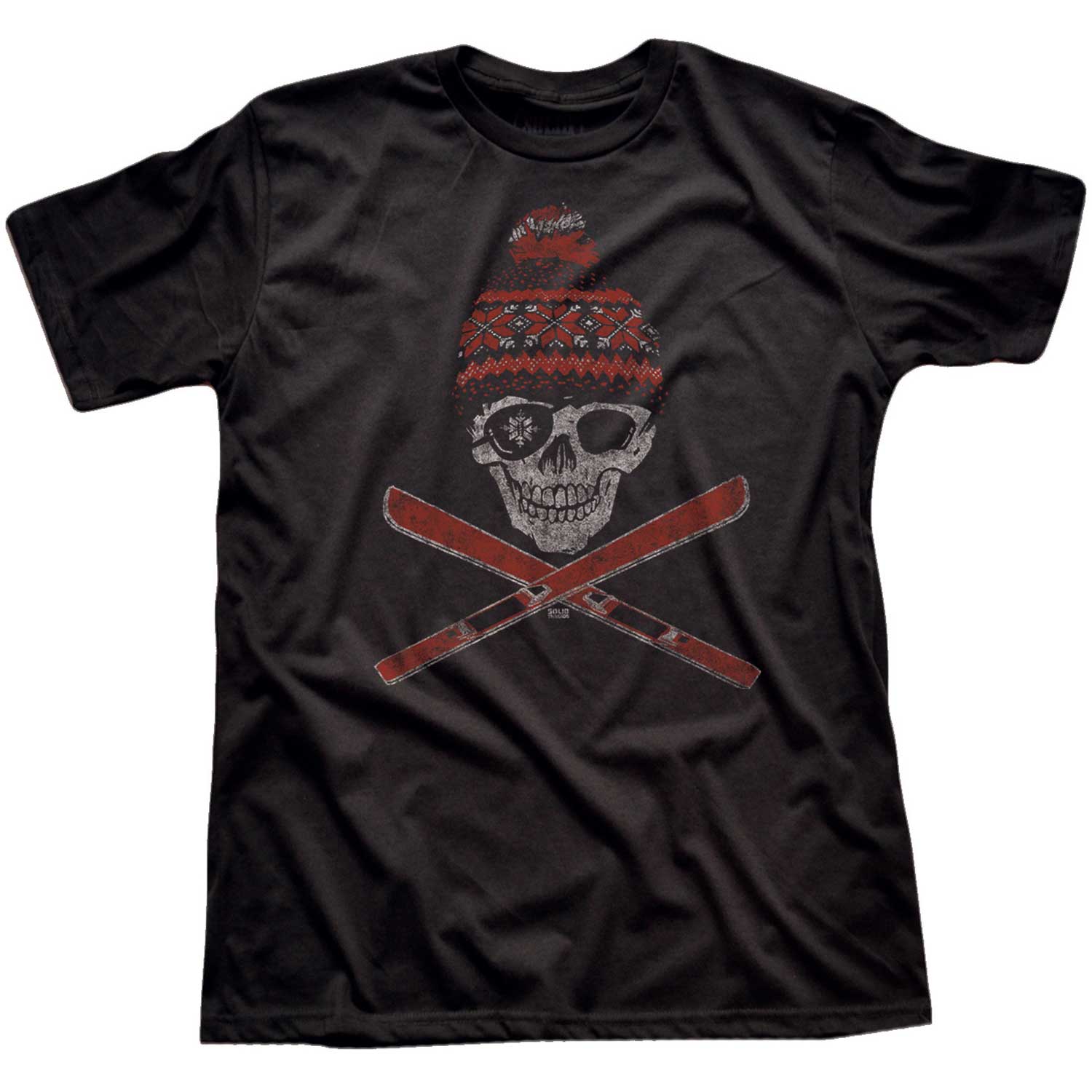 Men's Ski Skull Cool True Black Graphic T-Shirt | Vintage Winter Mountain Sports Tee | Solid Threads