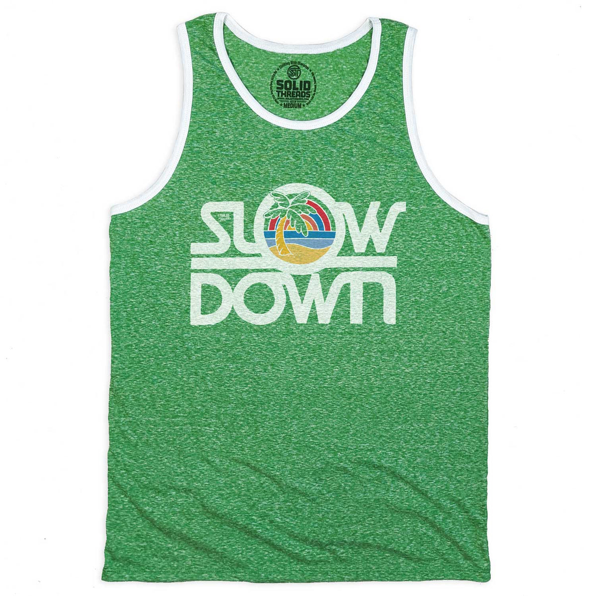 Men&#39;s Slow Down Vintage Graphic Tank Top | Retro Beach Vacation Sleeveless Shirt | Solid Threads