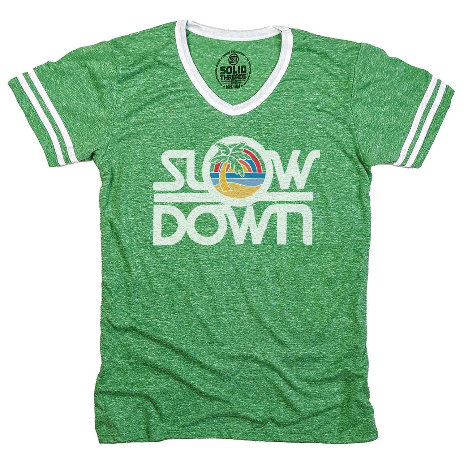 Men's Slow Down Vintage Graphic V-Neck Tee | Cool Retro Beach Vacation T-Shirt | Solid Threads