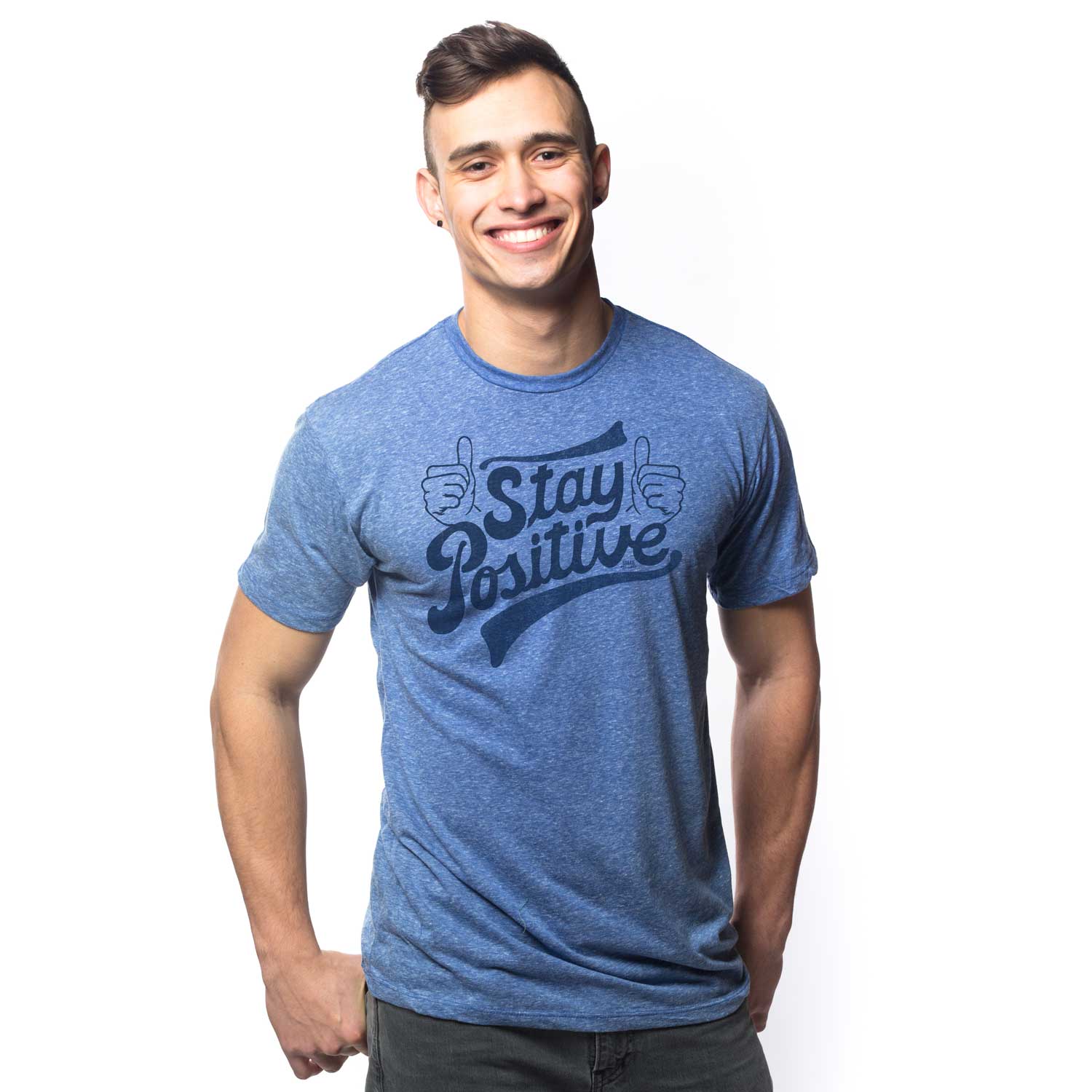 Men's Stay Positive Vintage Graphic Tee | Cool Positivity Blue T-Shirt on Model