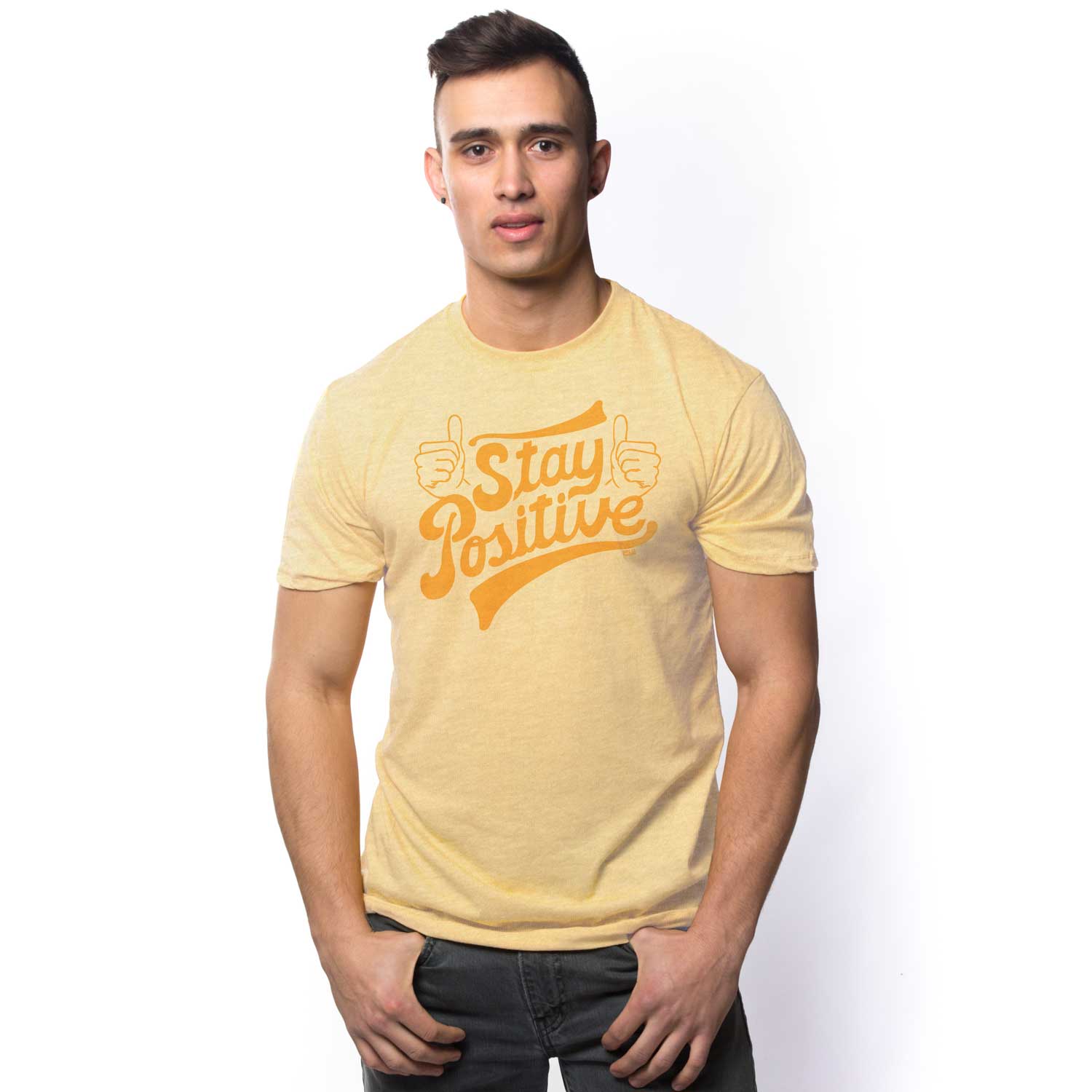 Men's Stay Positive Vintage Graphic Tee | Cool Positivity Yellow T-Shirt on Model