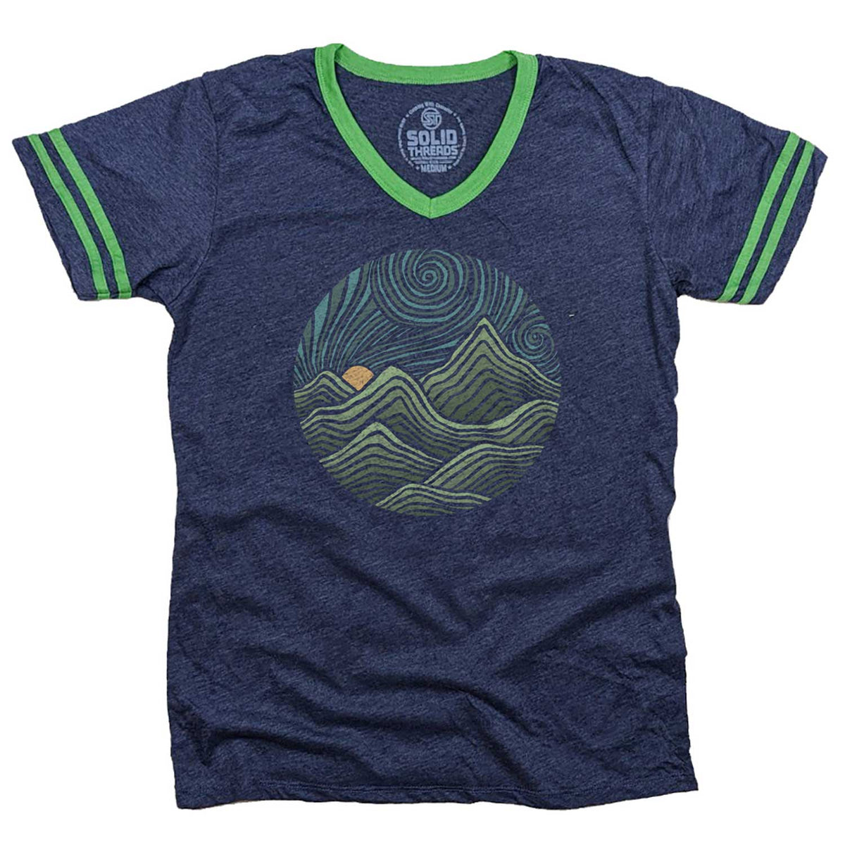 Men&#39;s Swirly Mountains Vintage Graphic V-Neck Tee | Cool Nature T-shirt | Solid Threads