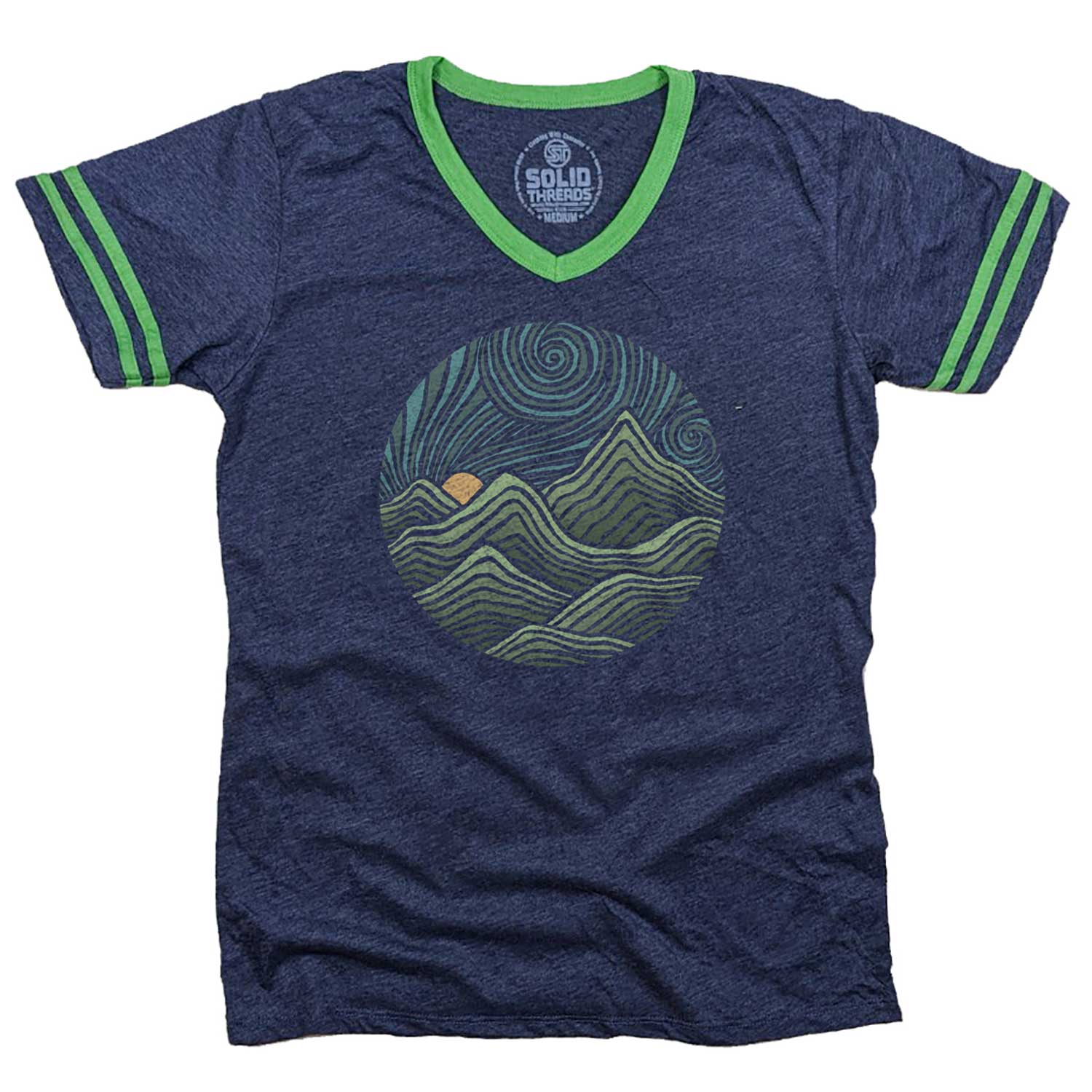Men's Swirly Mountains Vintage Graphic V-Neck Tee | Cool Nature T-shirt | Solid Threads