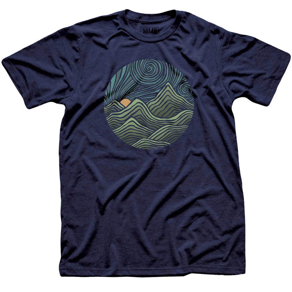 Men&#39;s Swirly Mountains Vintage Nature Graphic Tee | Cool Colorful Hippie T-Shirt | Solid Threads