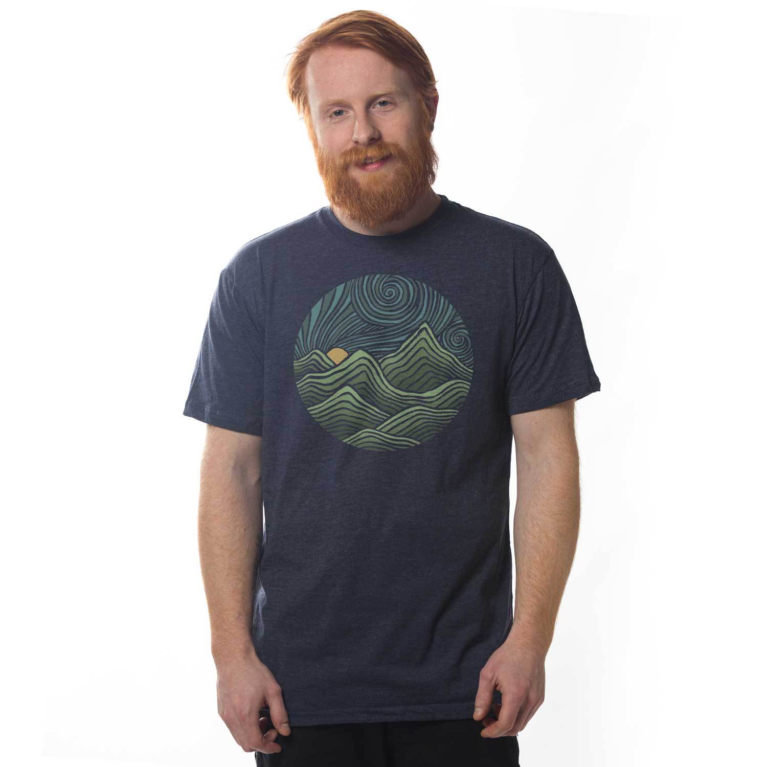 Swirly Mountains Cool Hippie Graphic Tee | Vintage Nature T-Shirt Navy / 3XL