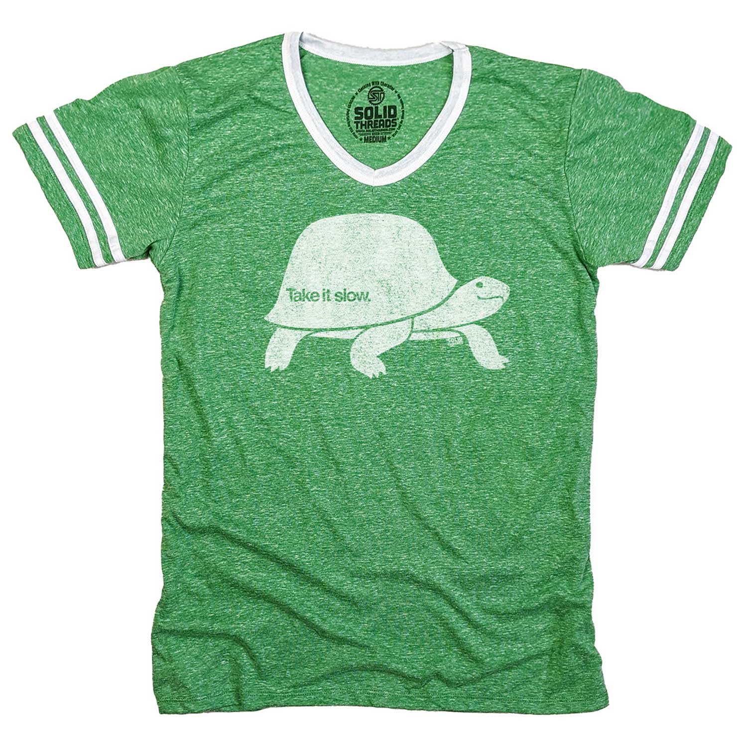Men's Take it Slow Vintage Graphic V-Neck Tee | Funny Turtle T-shirt | Solid Threads