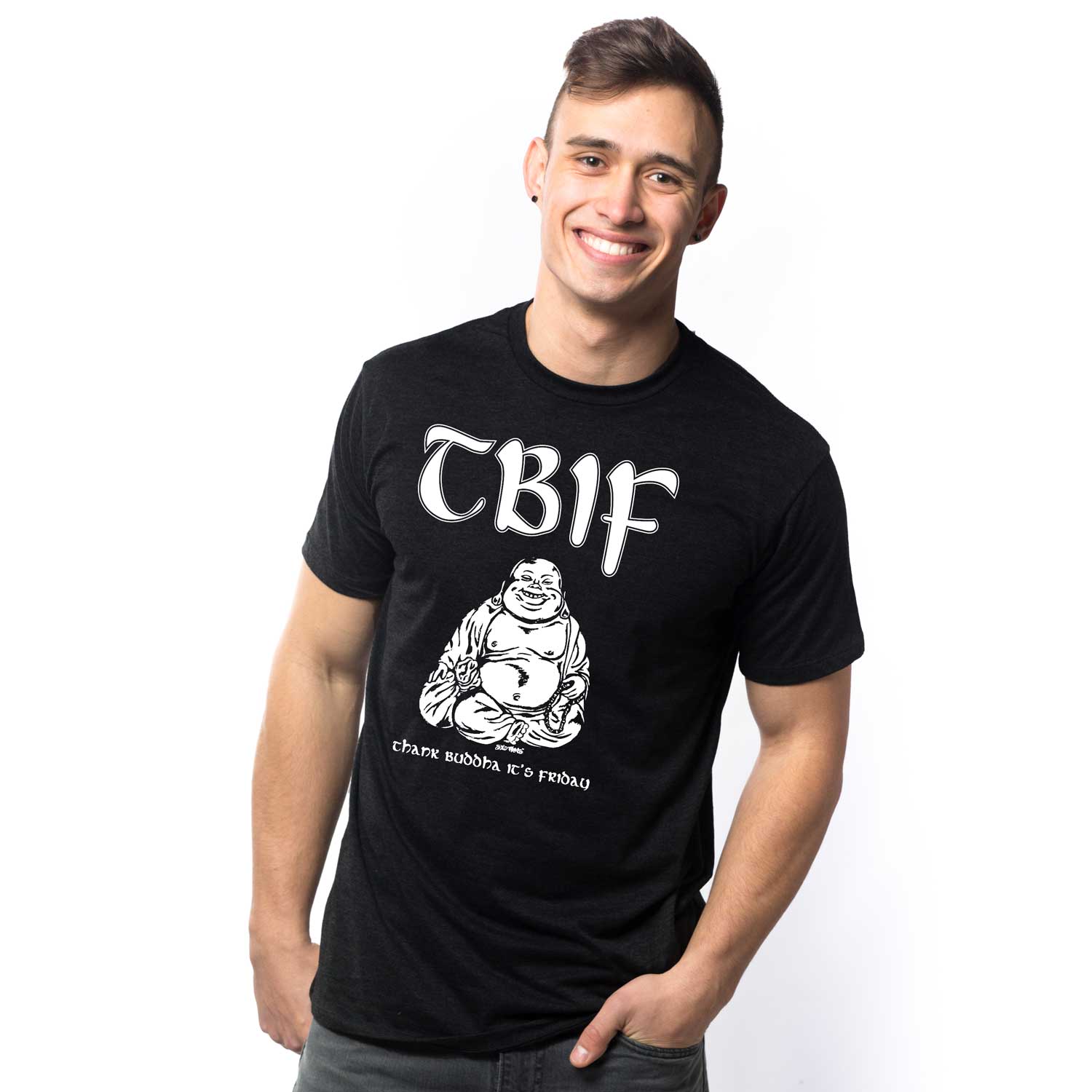 Men's Thank Buddha It's Friday Vintage T-shirt | Funny Black Graphic Tee On Model | Solid Threads